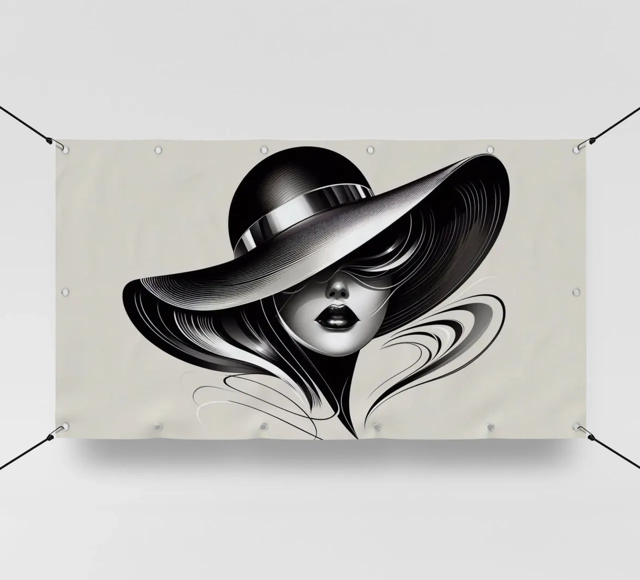 Illustrazione di una donna con un grande cappello in bianco e nero telo in pvc da BenCoStyle