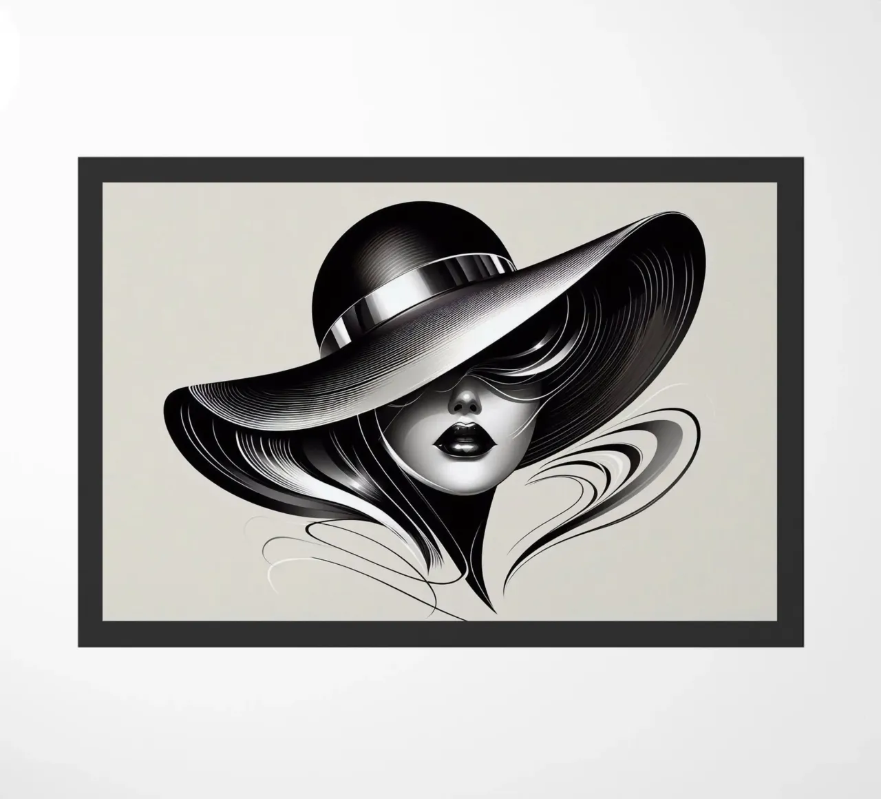 Illustrazione di una donna con un grande cappello in bianco e nero zerbino da BenCoStyle