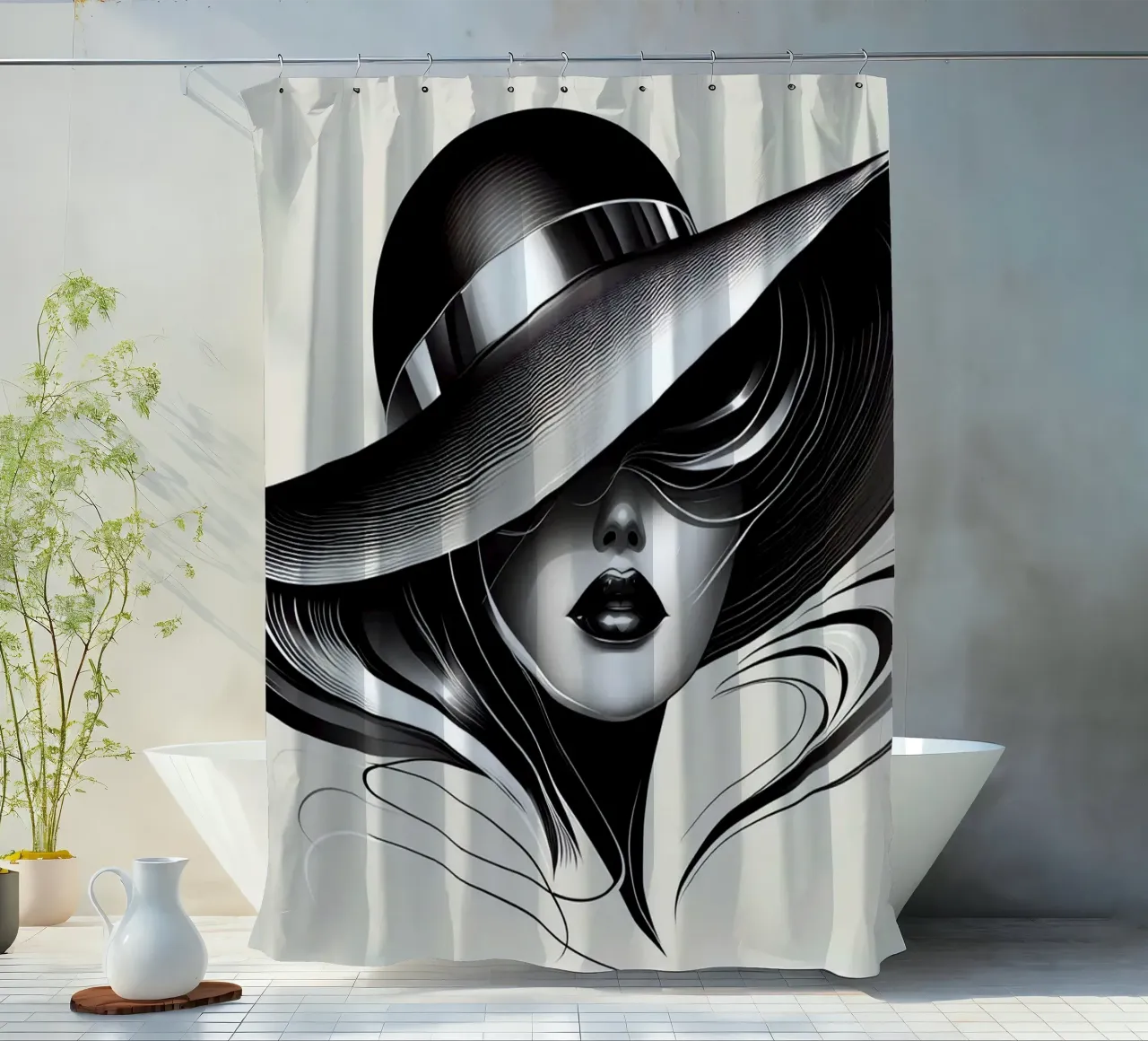 Illustration einer Frau mit großem Hut in schwarz weiß Duschvorhang von BenCoStyle