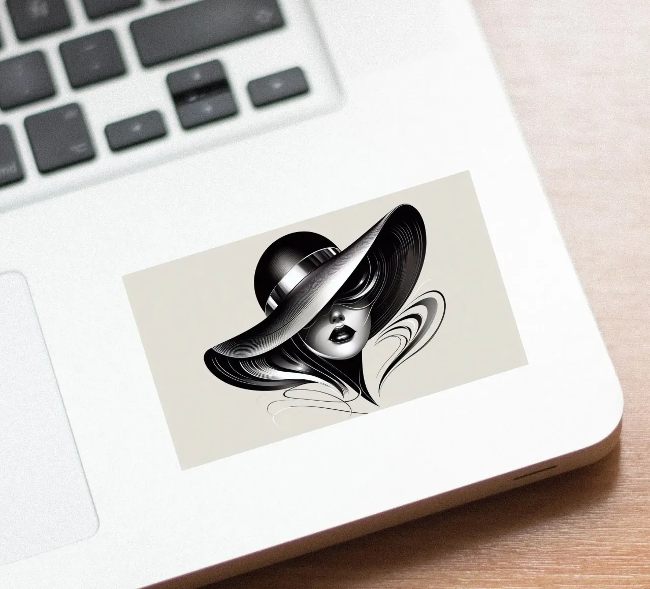 Illustrazione di una donna con un grande cappello in bianco e nero adesivo da BenCoStyle