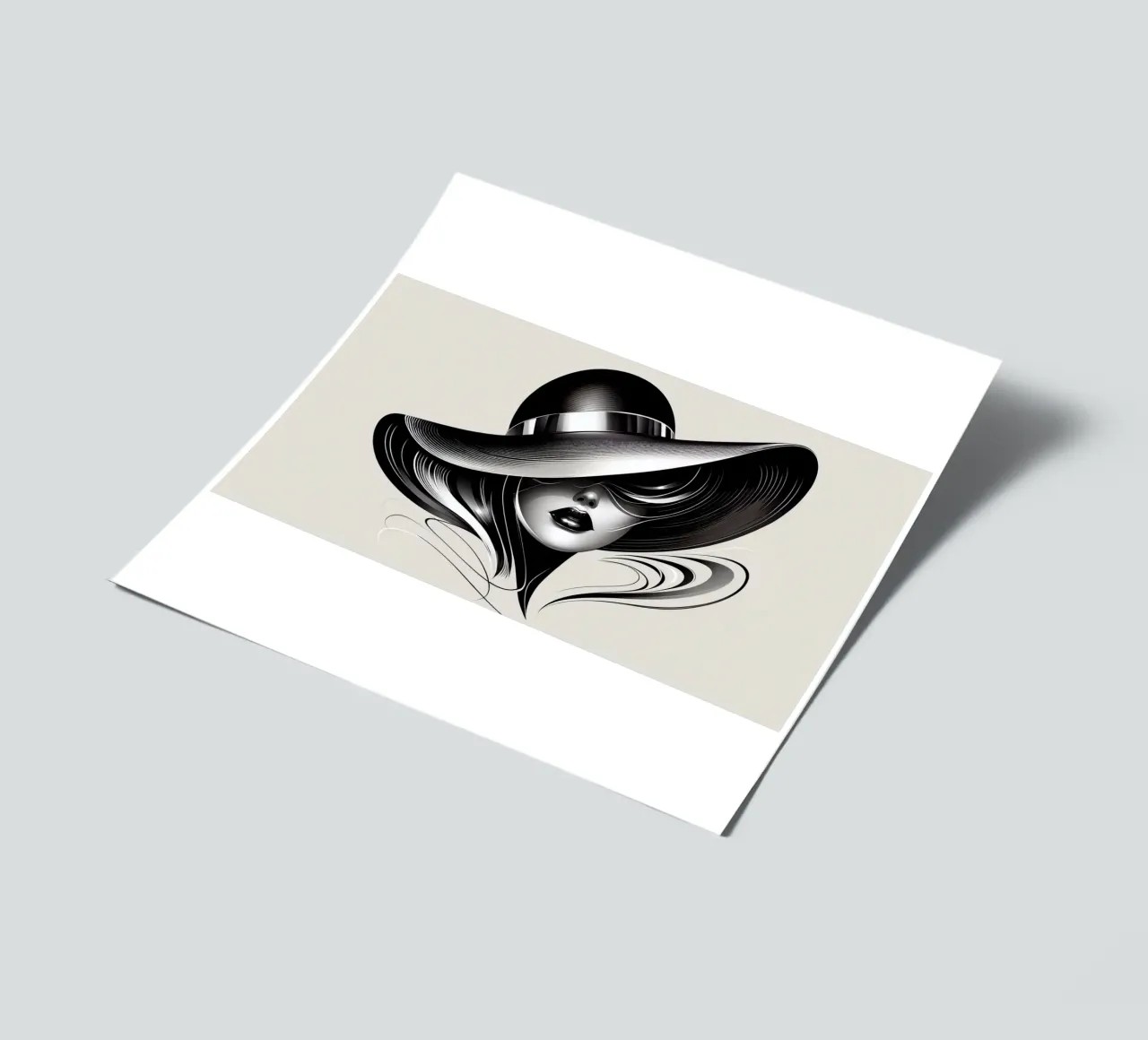Illustrazione di una donna con un grande cappello in bianco e nero foglio adesivo da BenCoStyle