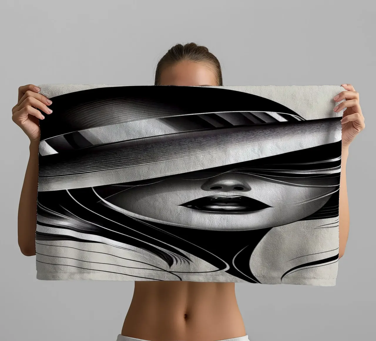 Illustration einer Frau mit großem Hut in schwarz weiß Handtuch von BenCoStyle
