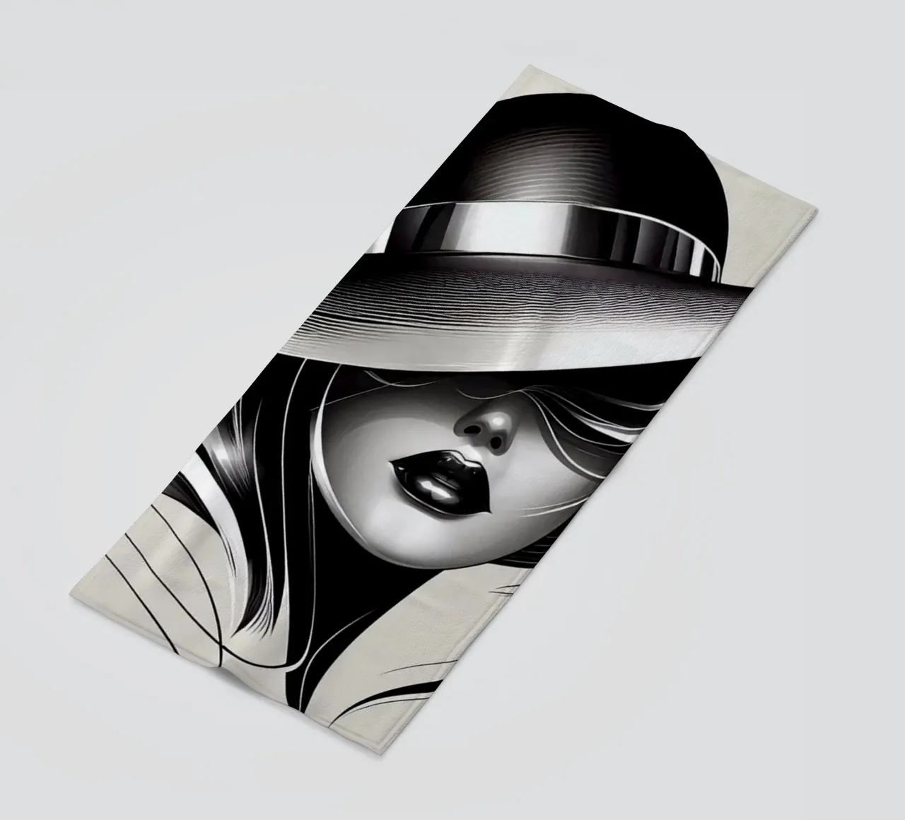 Illustrazione di una donna con un grande cappello in bianco e nero telo mare da BenCoStyle