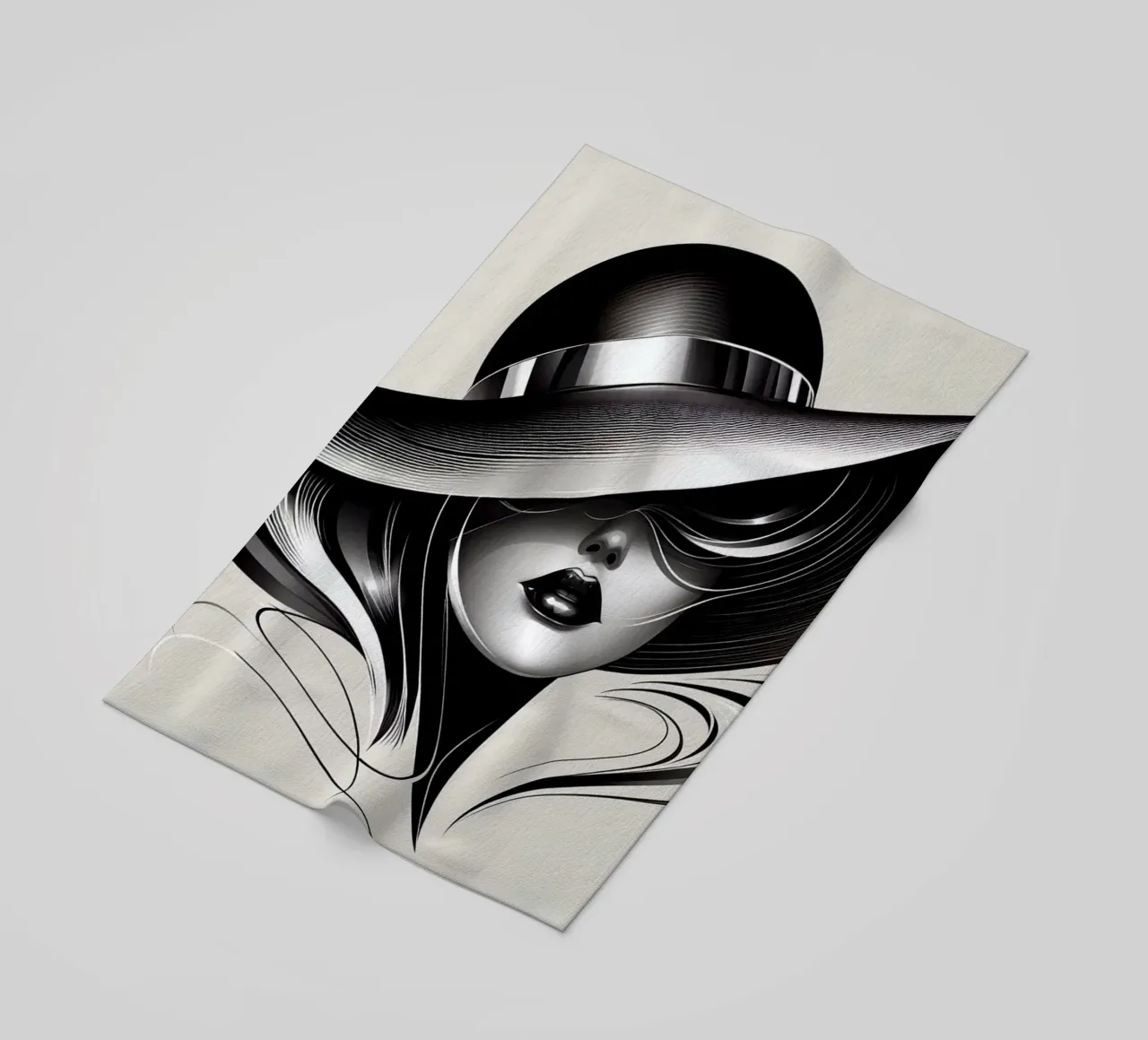 Illustrazione di una donna con un grande cappello in bianco e nero telo mare da BenCoStyle