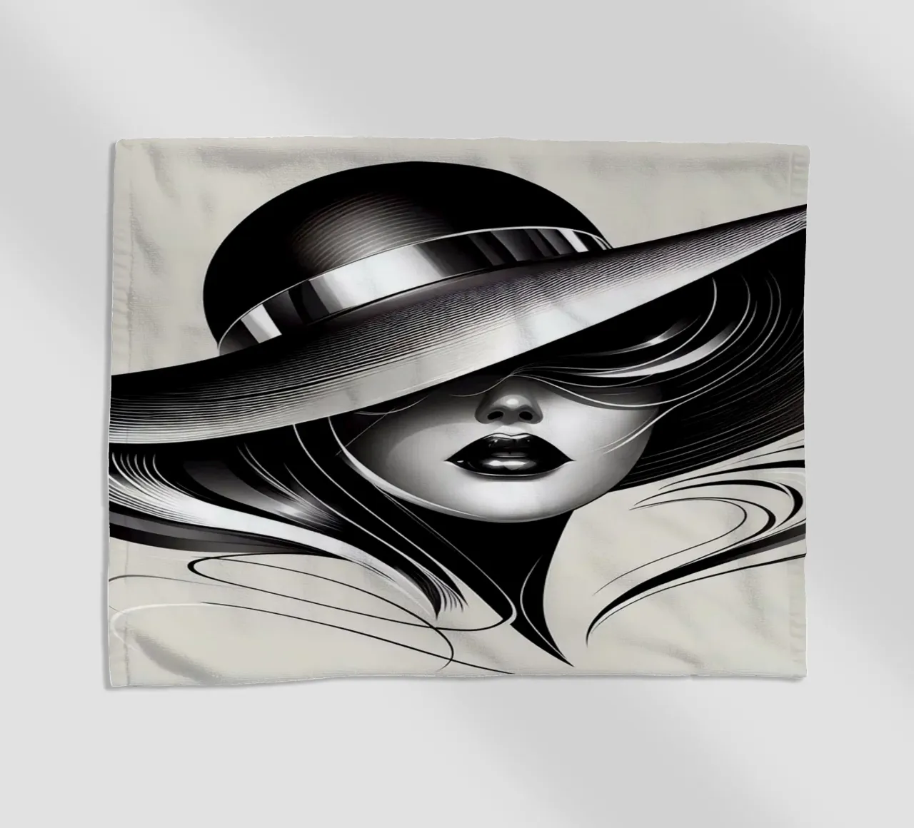 Illustrazione di una donna con un grande cappello in bianco e nero telo mare da BenCoStyle