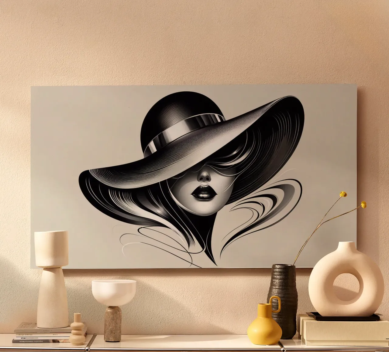 Illustrazione di una donna con un grande cappello in bianco e nero alluminio dibond da BenCoStyle