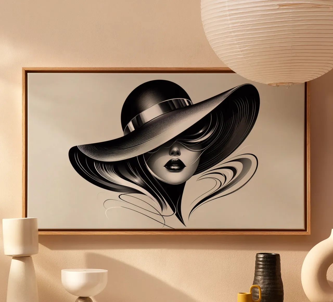 Illustratie van een vrouw met een grote hoed in zwart-wit canvas met Baklijst van BenCoStyle