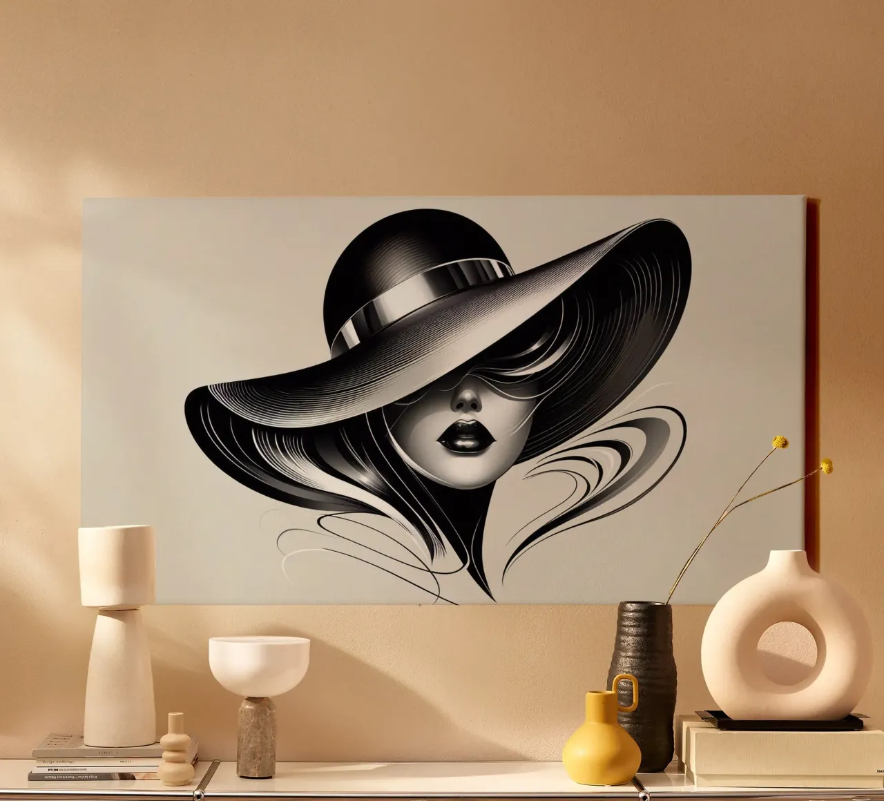 Illustratie van een vrouw met een grote hoed in zwart-wit canvas met Baklijst van BenCoStyle