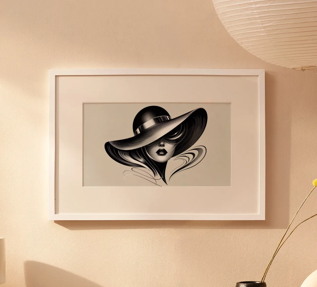 Illustrazione di una donna con un grande cappello in bianco e nero poster da BenCoStyle