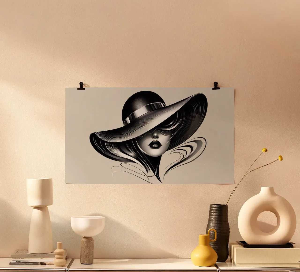 Illustrazione di una donna con un grande cappello in bianco e nero poster da BenCoStyle