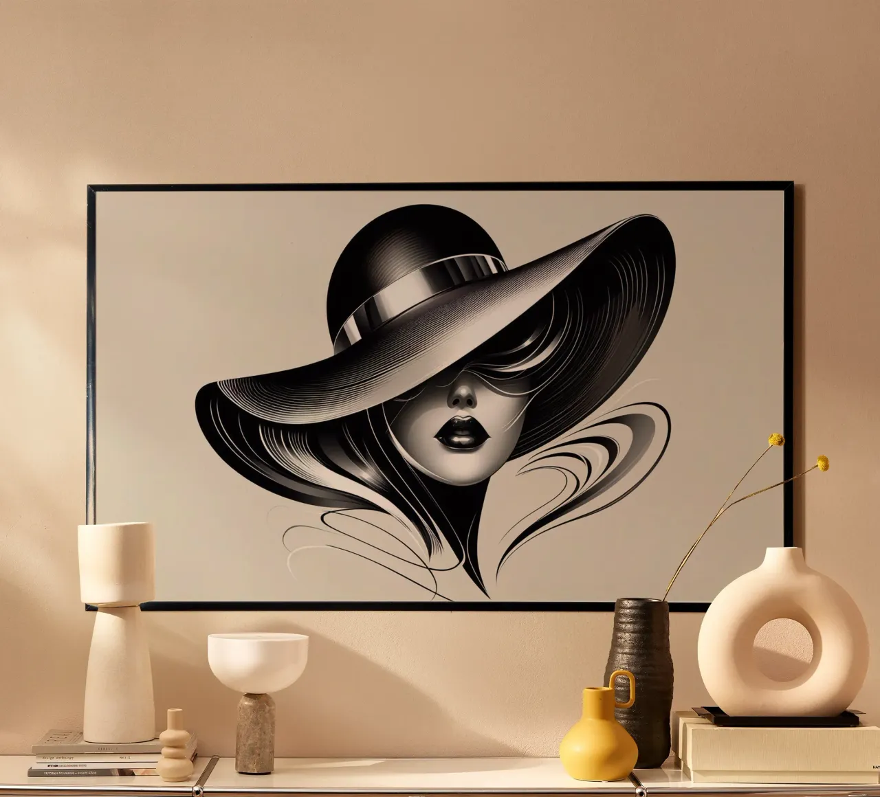 Illustrazione di una donna con un grande cappello in bianco e nero poster da BenCoStyle