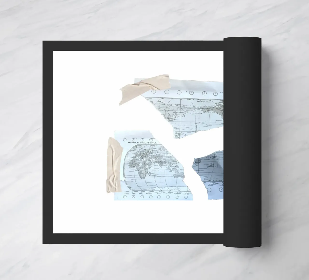 torn world map and scotch tape doormat by morphinaeblue