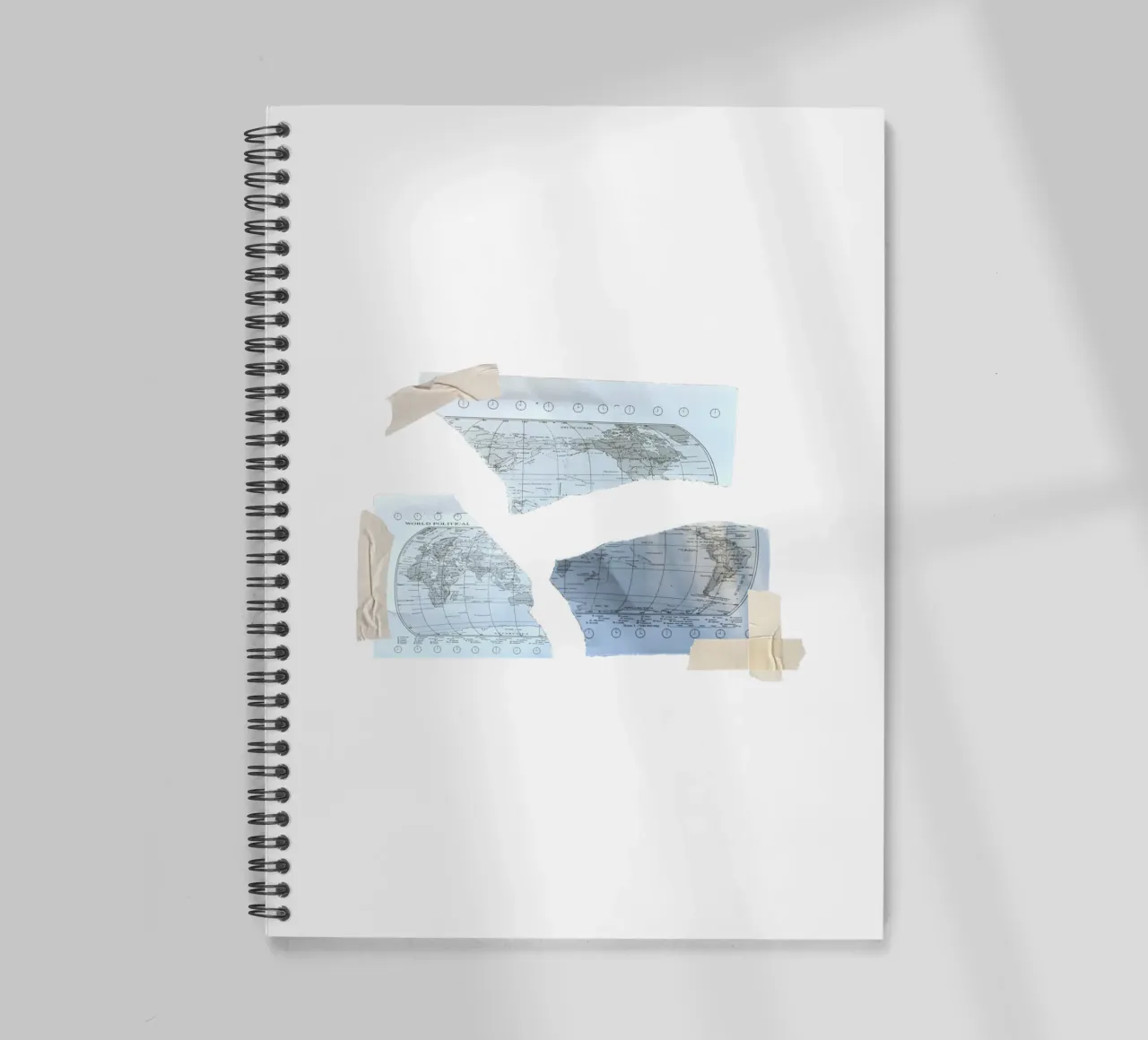 torn world map and scotch tape spiral notebook by morphinaeblue