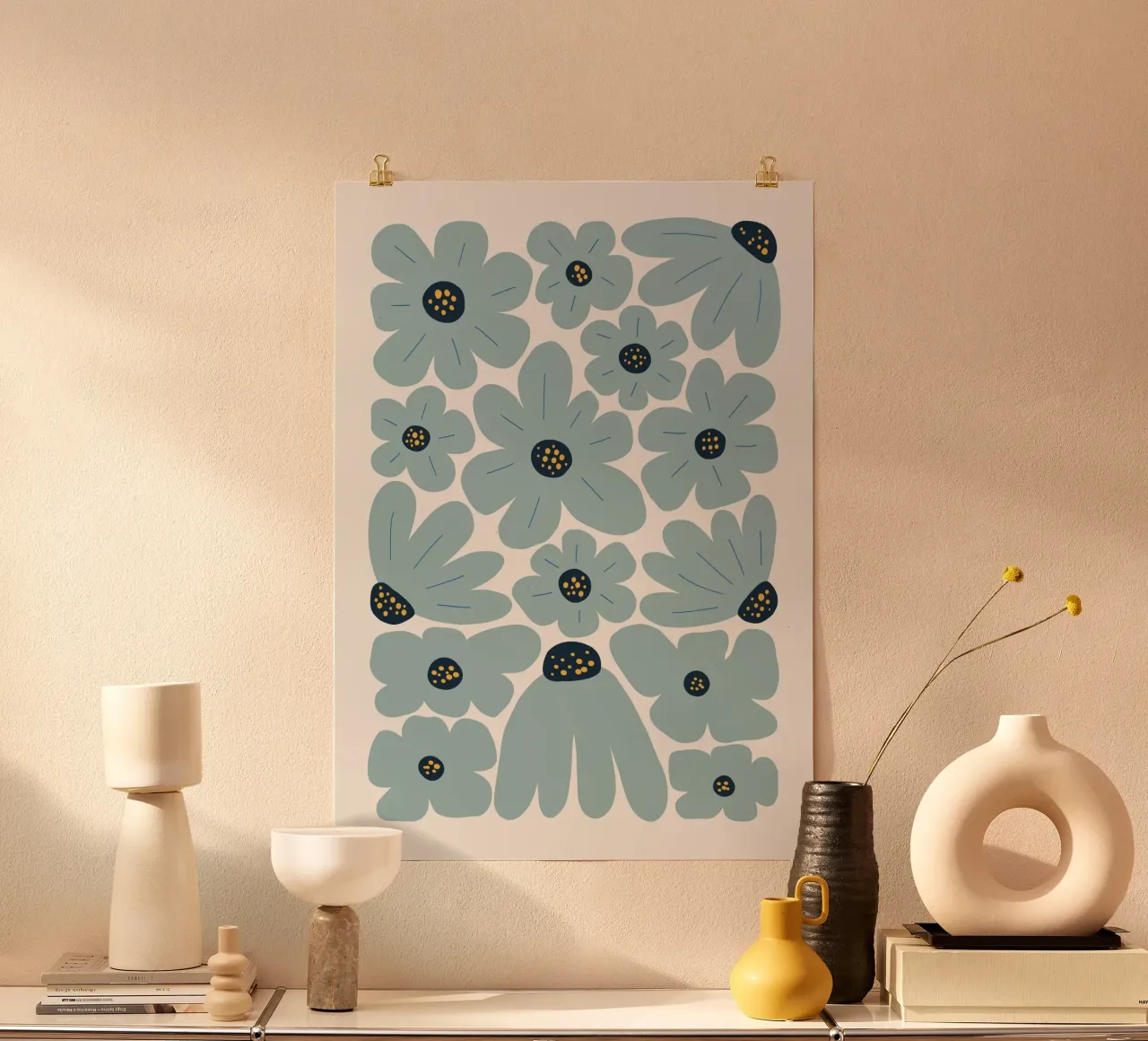 Blaues Blumenmuster: Folk Art Flower Print Poster von dawnthesea