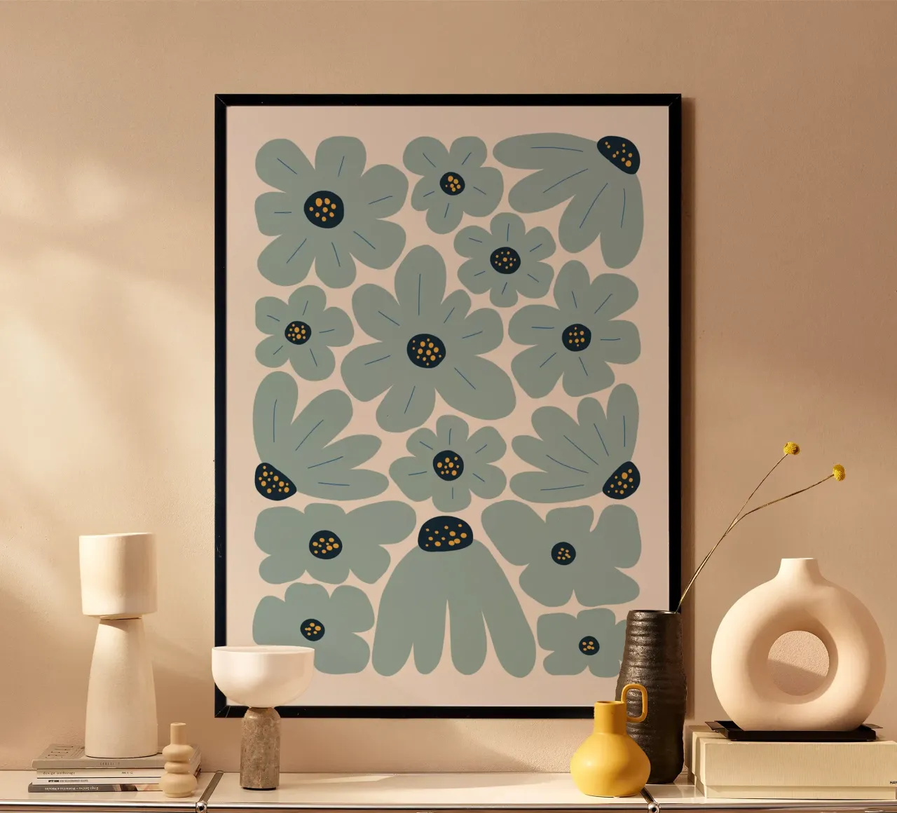 Blaues Blumenmuster: Folk Art Flower Print Poster von dawnthesea