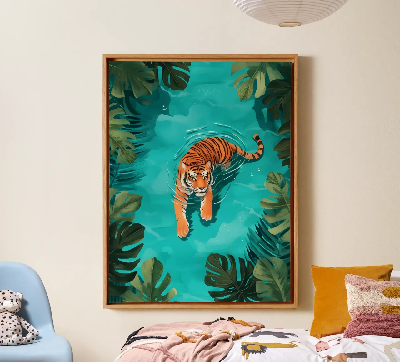 Tigre de la selva nadando: Tropical Nature Art Print lienzo con Marco flotante de dawnthesea