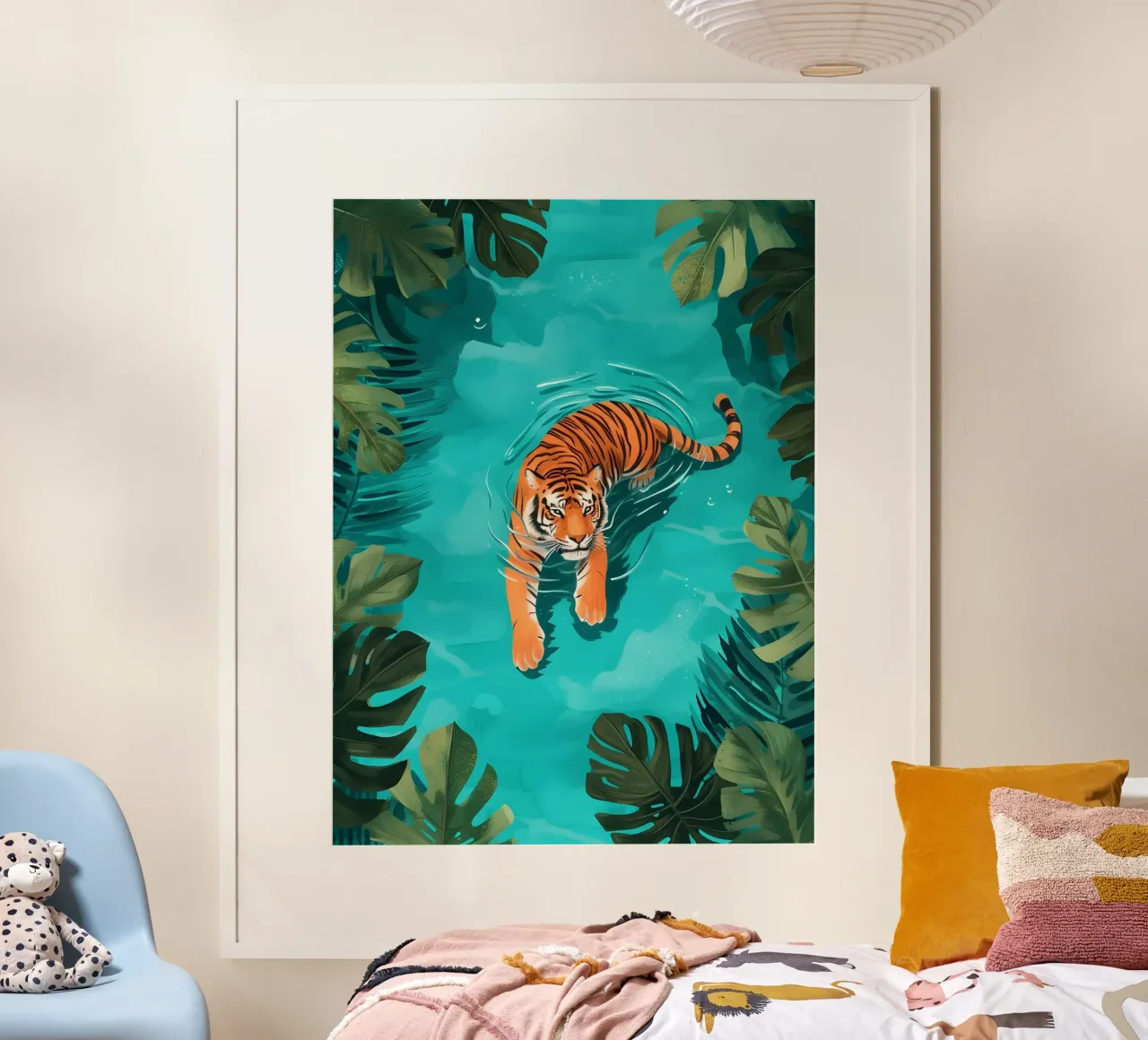 Tigre de la selva nadando: Tropical Nature Art Print poster con marco de plástico de dawnthesea