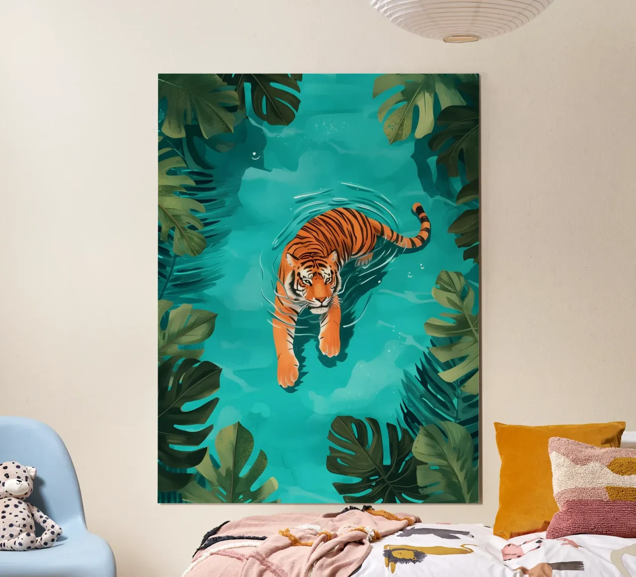 Tigre de la selva nadando: Tropical Nature Art Print poster con marco de plástico de dawnthesea
