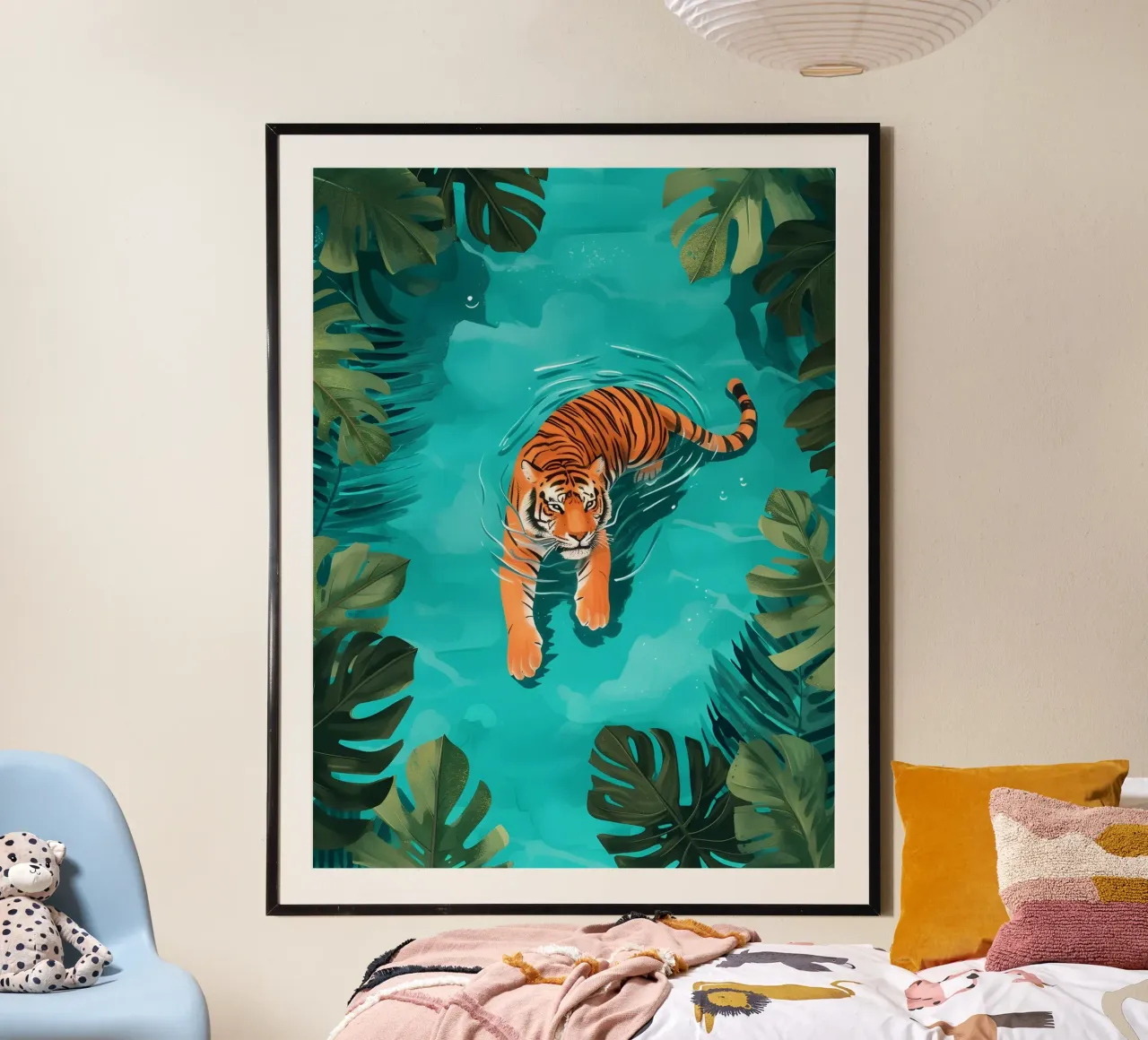 Tigre de la selva nadando: Tropical Nature Art Print poster con marco de plástico de dawnthesea