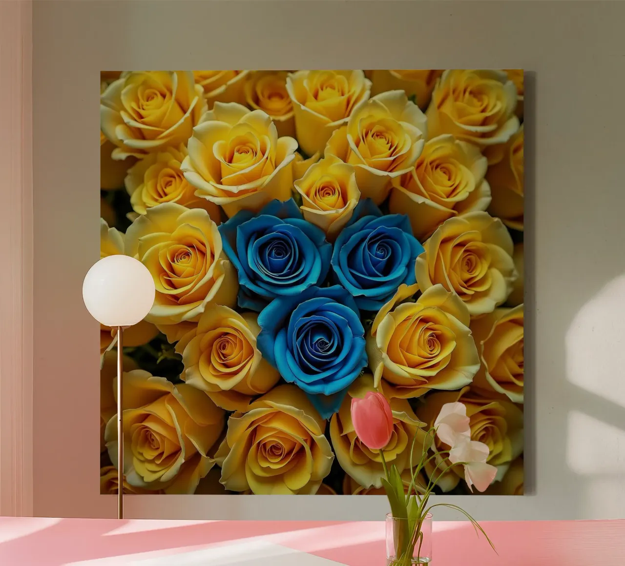 rozen_geel_blauw_2 canvas met Baklijst van Farb- und Blütenzauber by LK