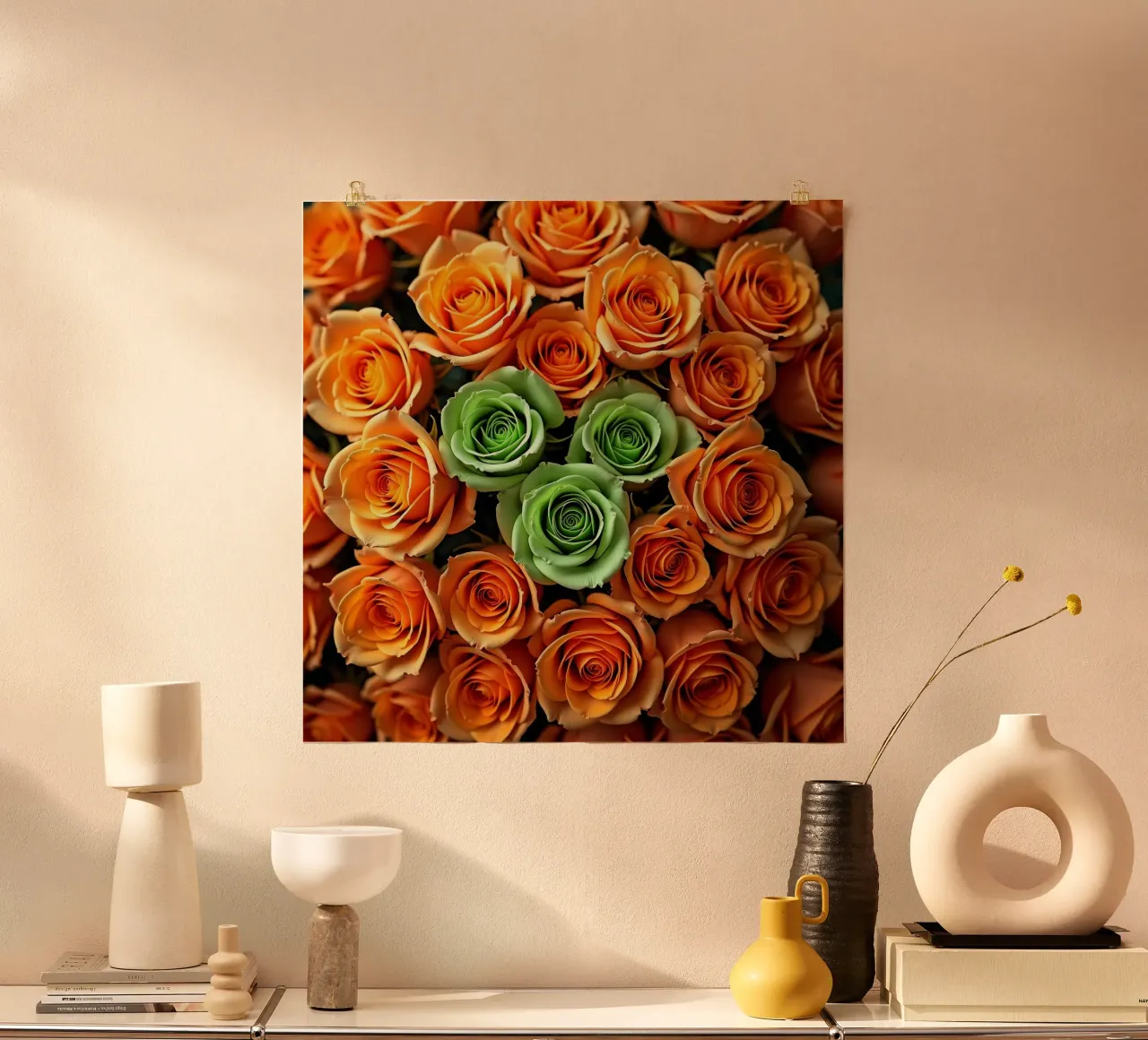 rose_arancio_verde poster con telaio in alluminio da Farb- und Blütenzauber by LK