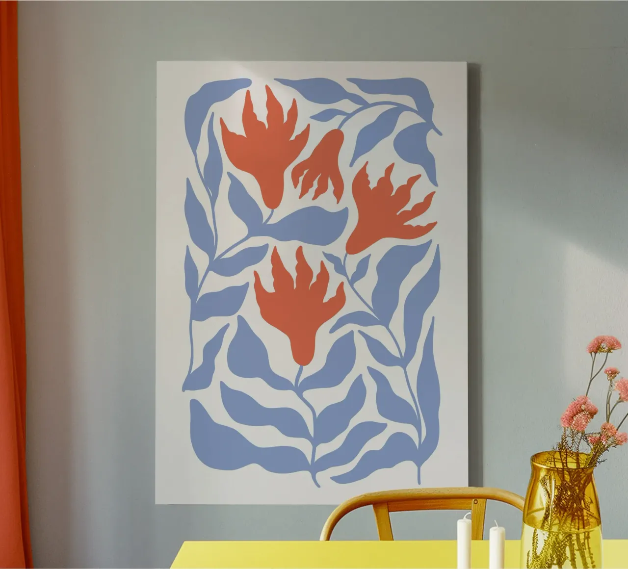 Fiori astratti in terracotta e foglie blu, arte murale Boho tela con Cornice a cassetta da dawnthesea