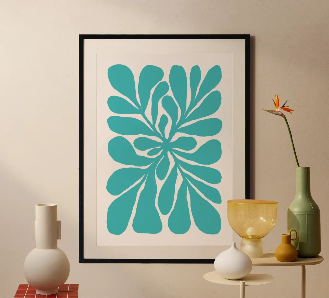 Moderne Teal abstrakte botanische Wandkunst, Boho Druck Poster mit Kunststoffrahmen von dawnthesea