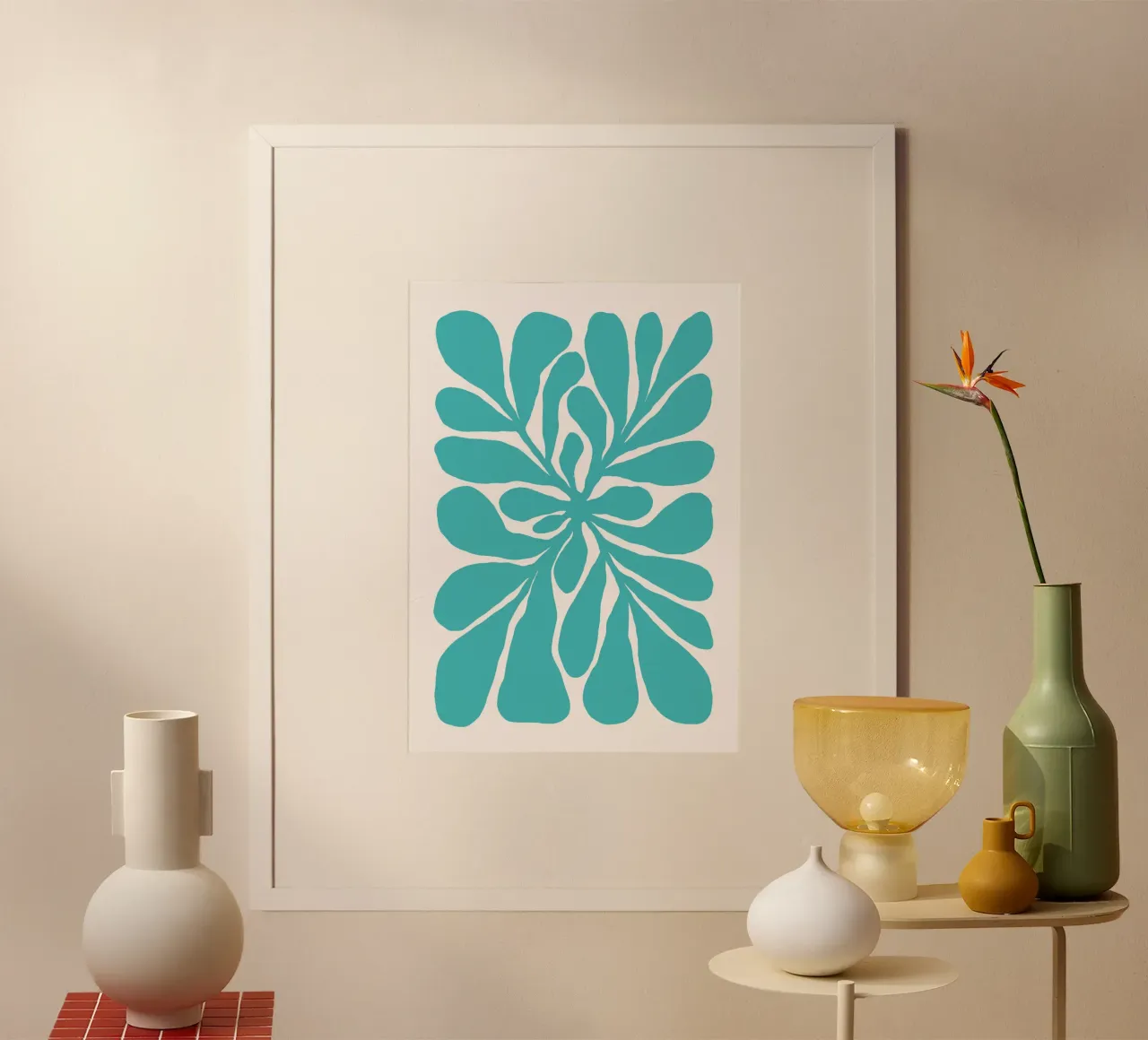 Moderne Teal abstrakte botanische Wandkunst, Boho Druck Poster mit Kunststoffrahmen von dawnthesea