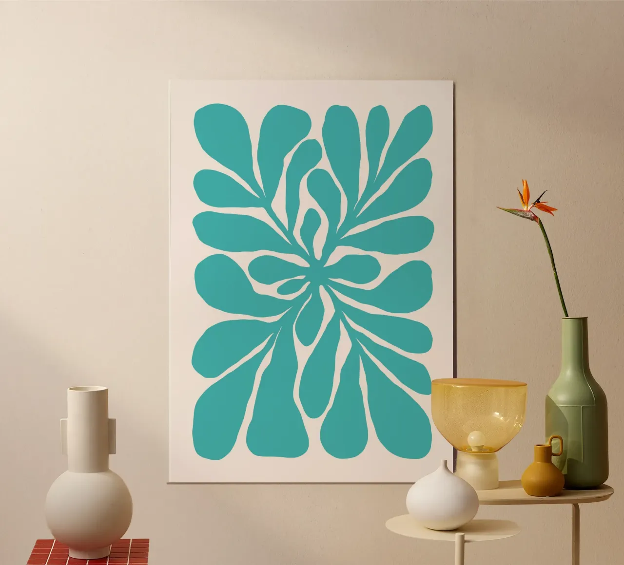Moderne Teal abstrakte botanische Wandkunst, Boho Druck Poster mit Kunststoffrahmen von dawnthesea