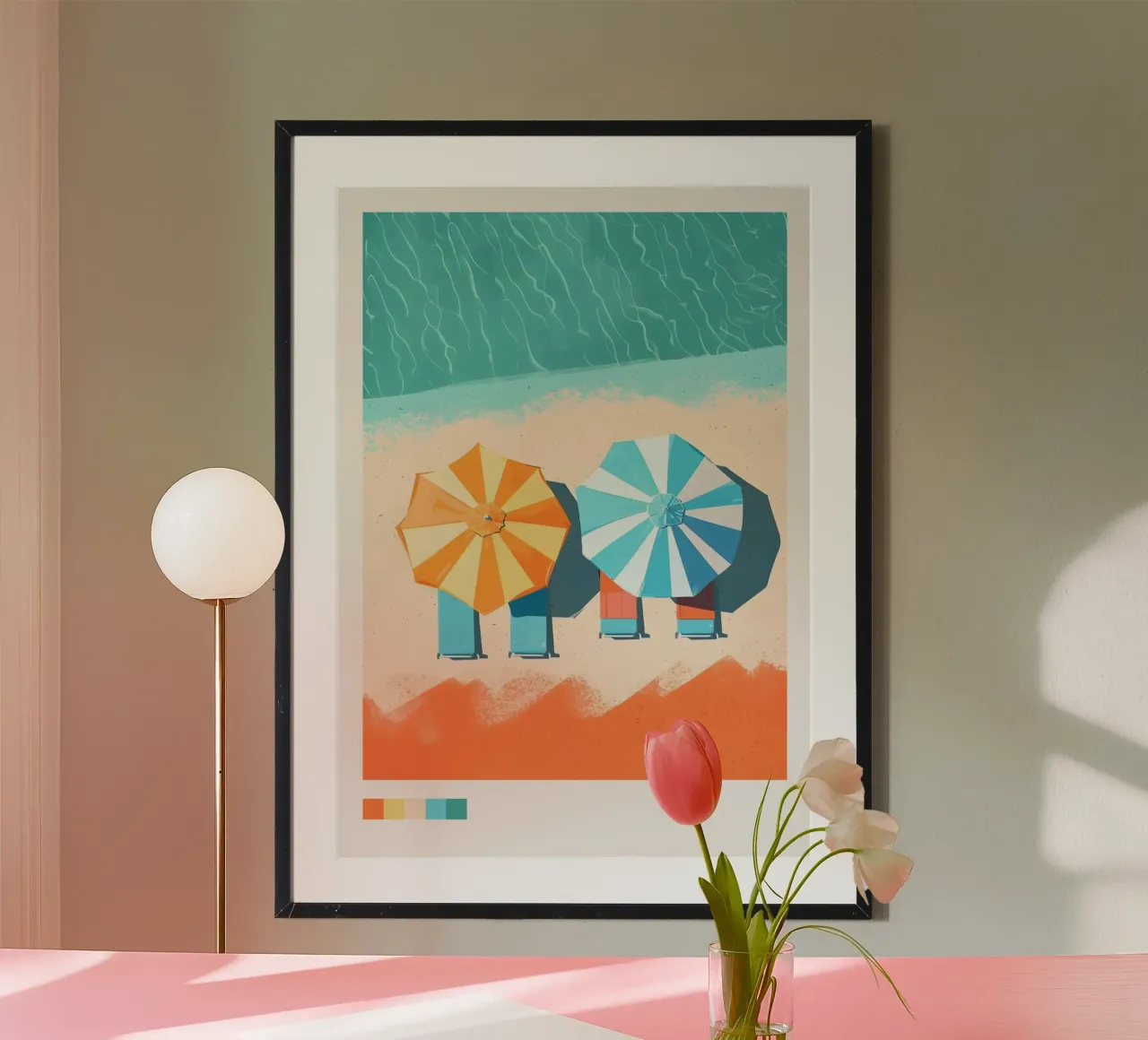 Vista aerea della spiaggia, ombrelloni arancioni e blu poster da dawnthesea