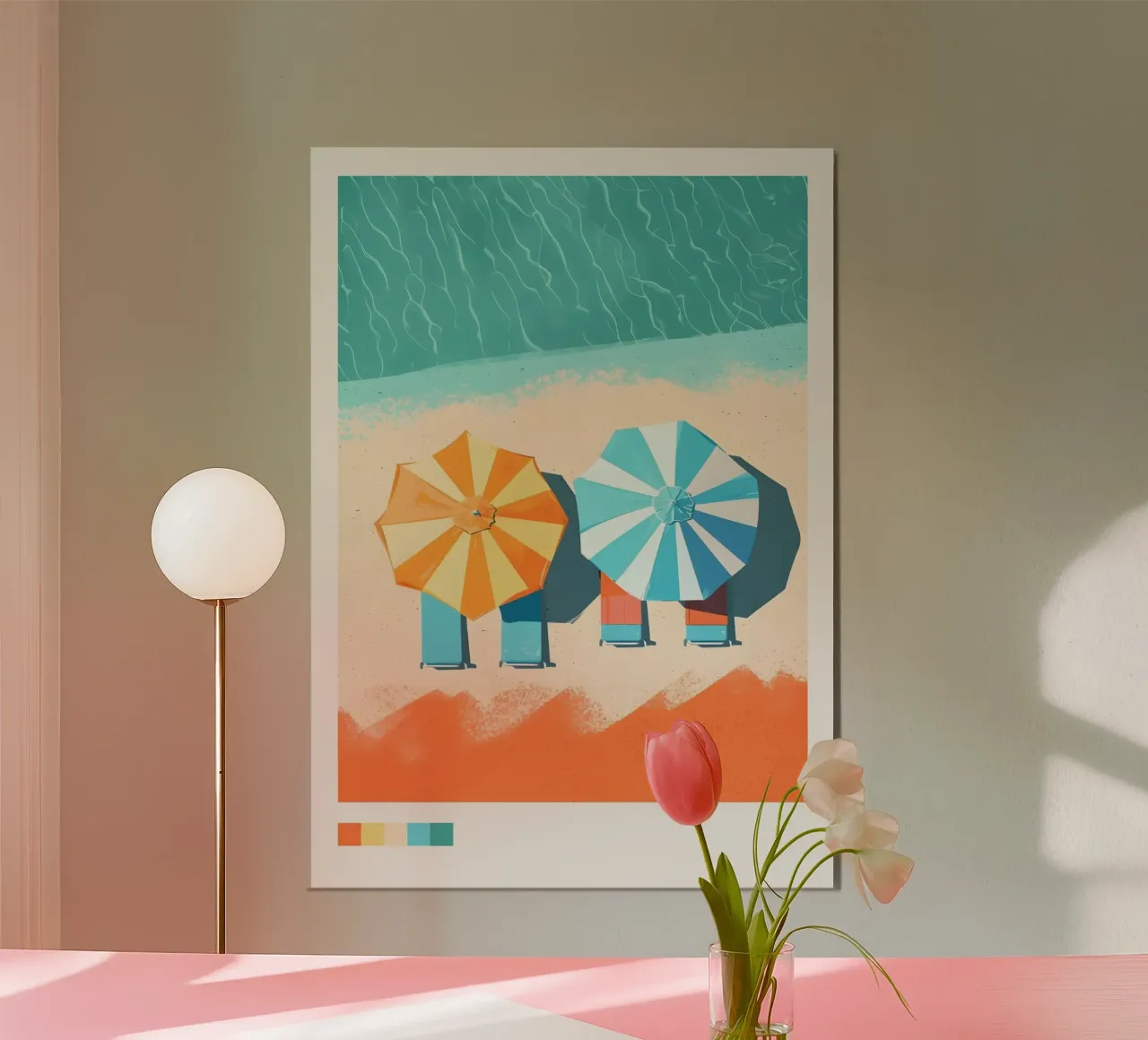Vista aerea della spiaggia, ombrelloni arancioni e blu poster da dawnthesea
