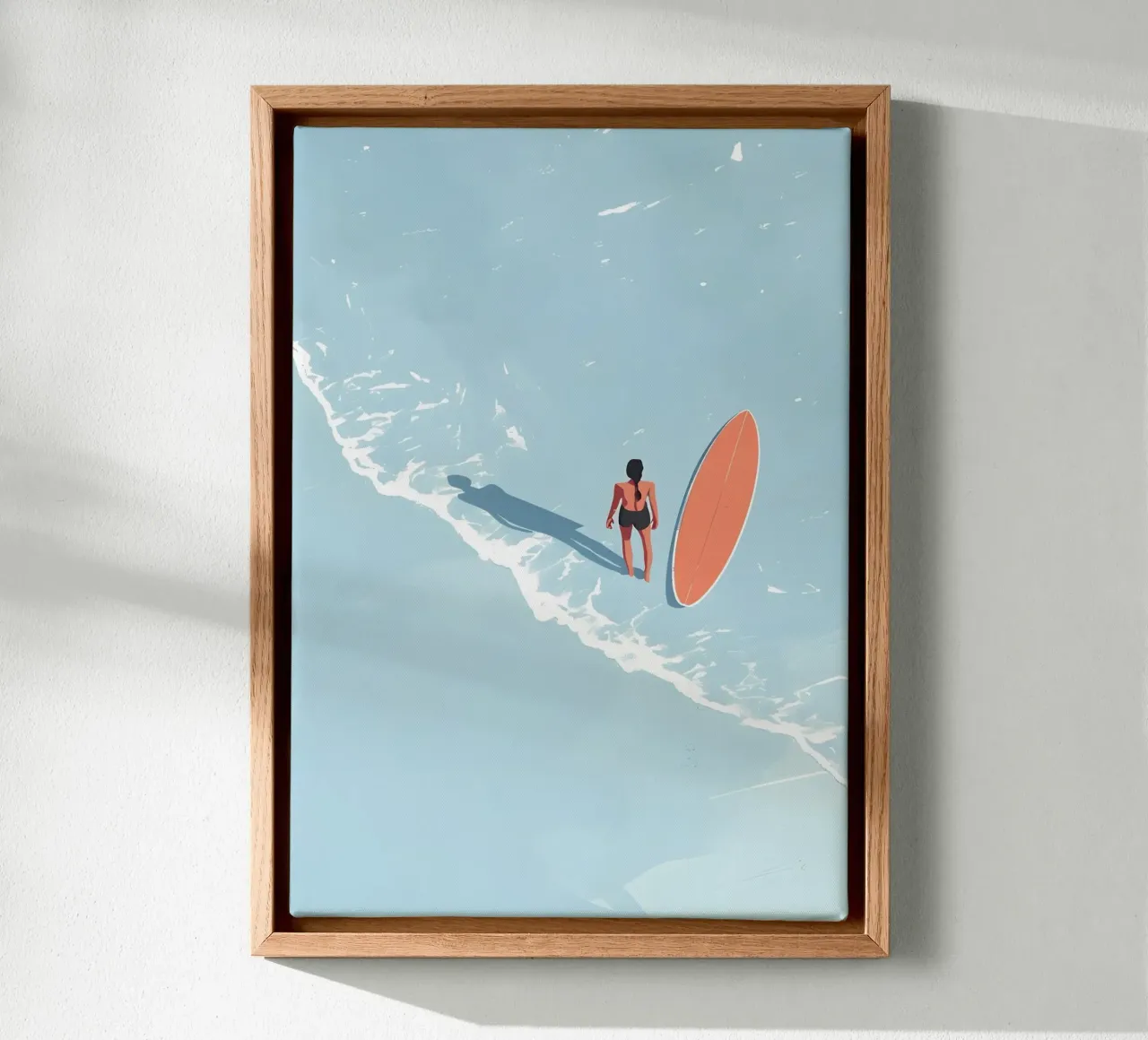 Solo Surfer, Ocean Waves and Surfboard canvas with Floater frame by dawnthesea