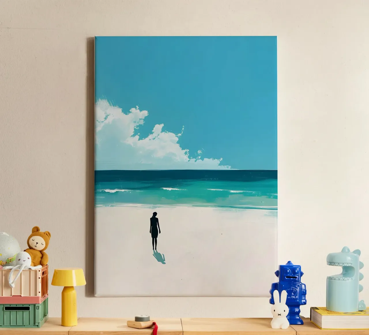 Solitary Figure on Beach, Coastal Art Print canvas with Floater frame by dawnthesea