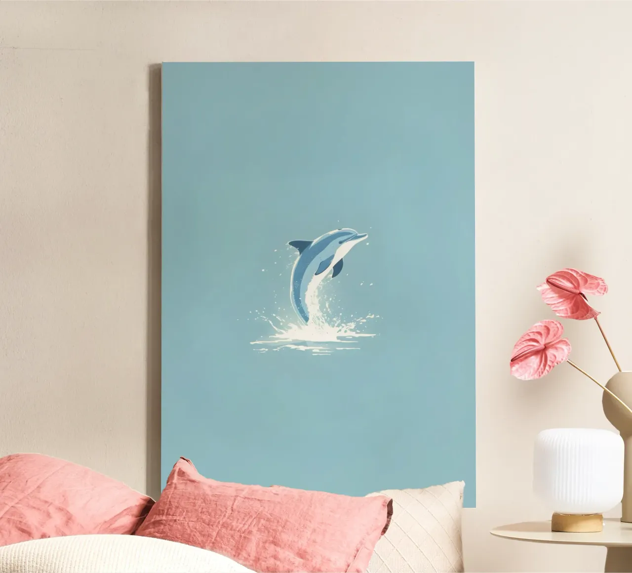 Springender Delphin, Minimalistische Meereskunst Leinwand mit Schattenfugenrahmen von dawnthesea