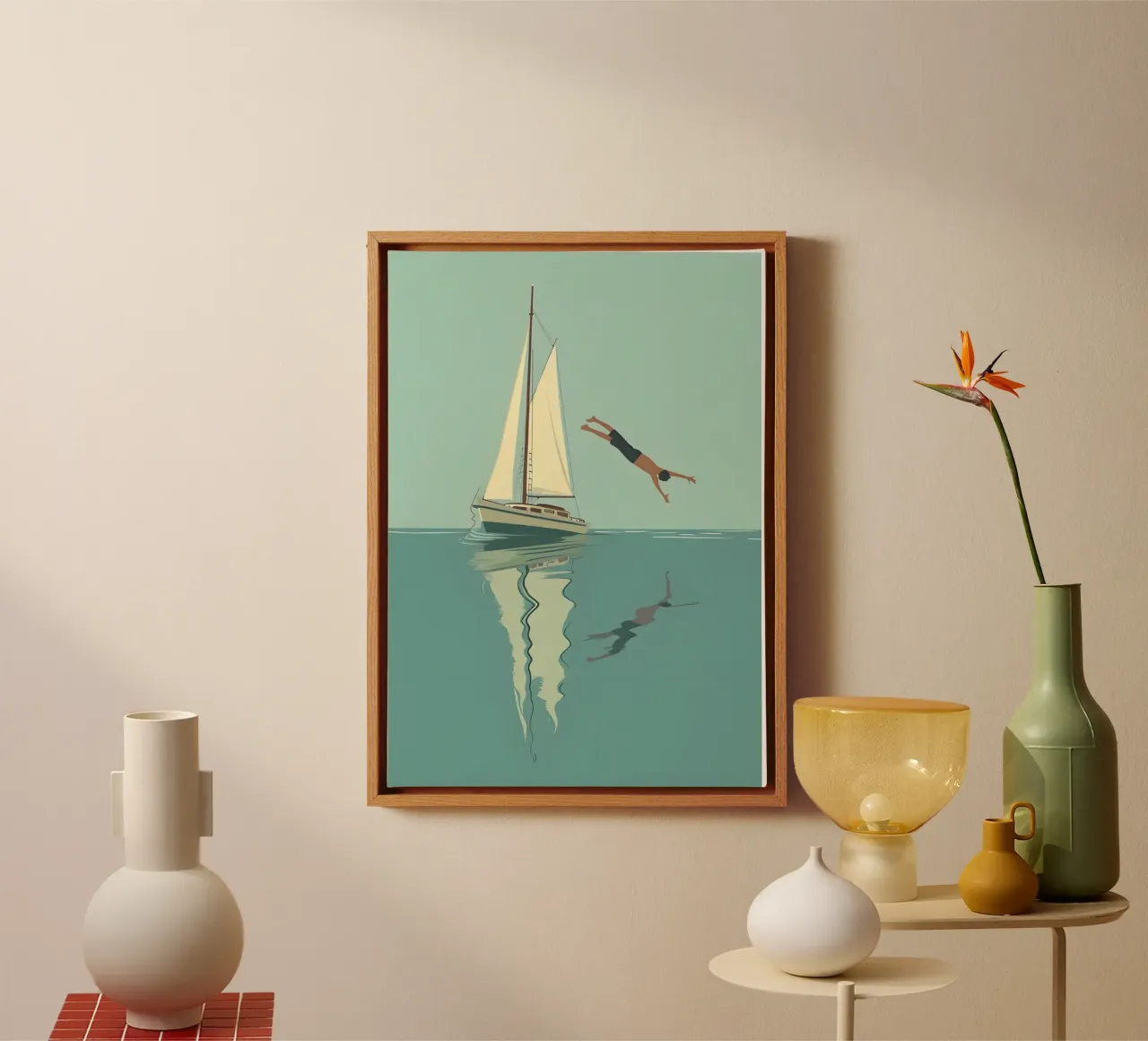 Sailboat and Diver, Serene Coastal Art Print canvas with Floater frame by dawnthesea
