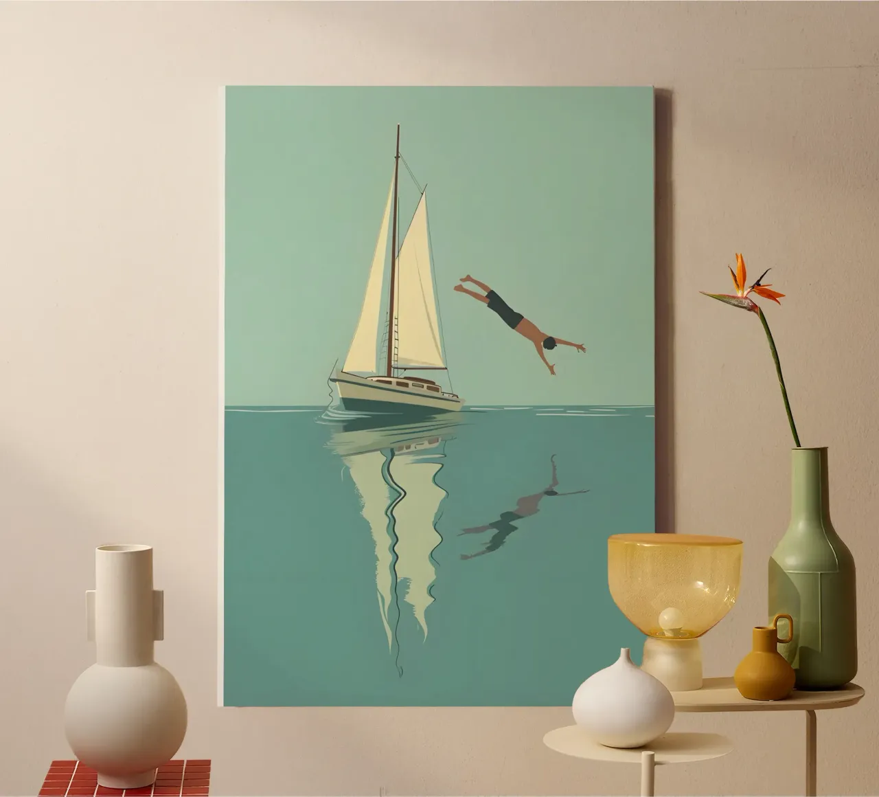 Sailboat and Diver, Serene Coastal Art Print canvas with Floater frame by dawnthesea