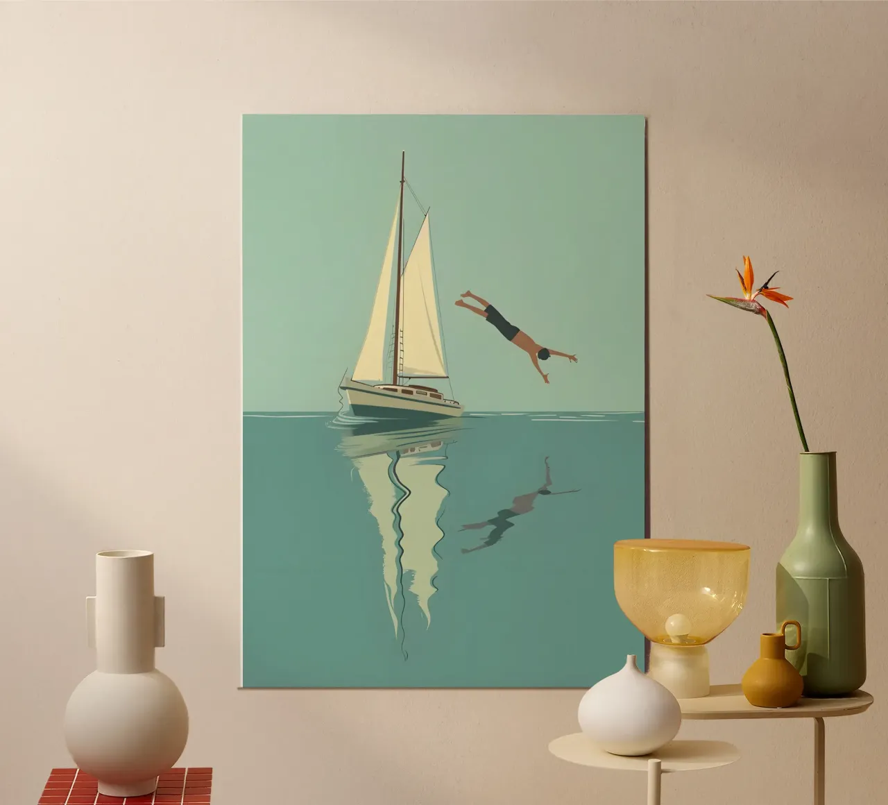 Zeilboot en duiker, serene kustkunstdruk hahnemühle van dawnthesea