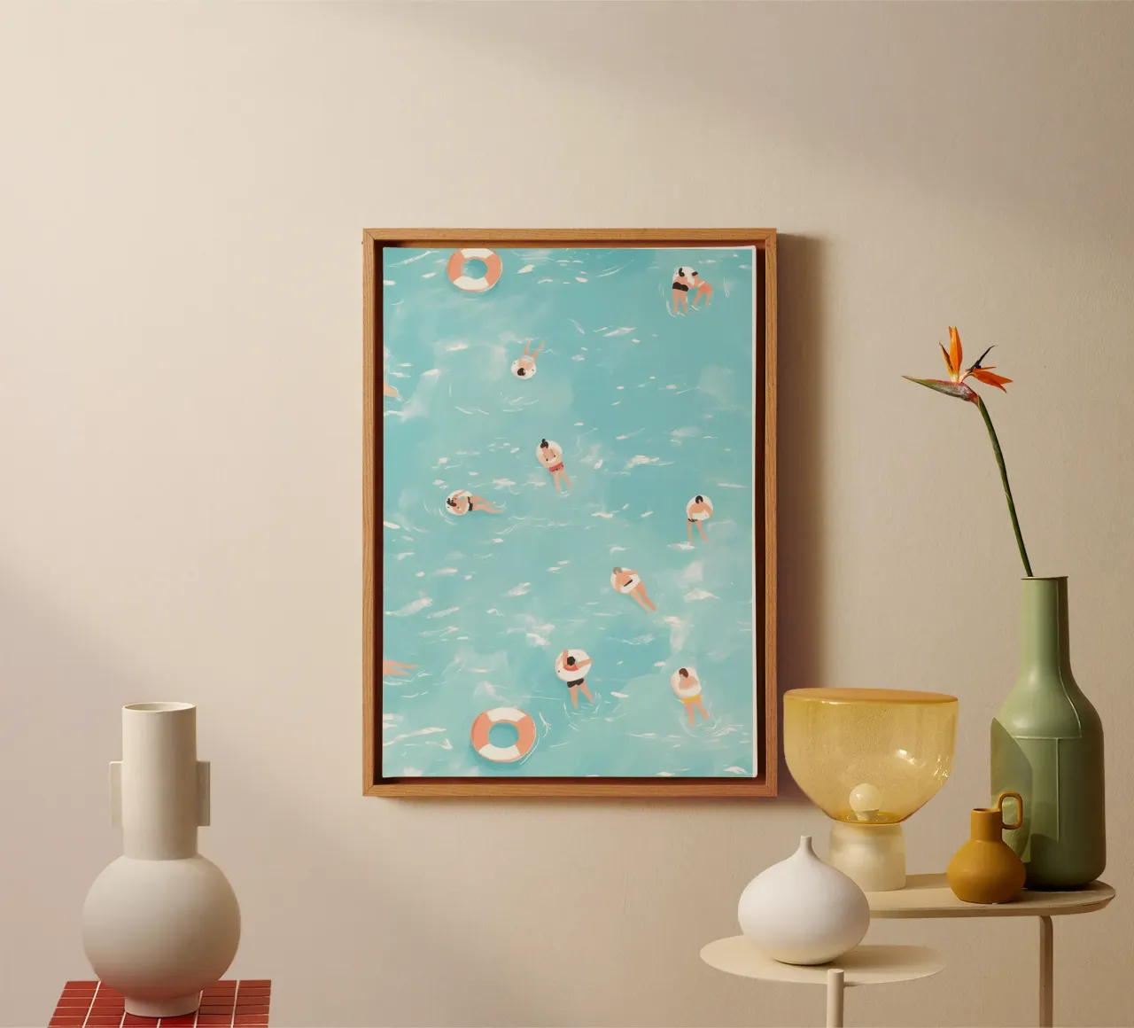 Festa in piscina, illustrazione aerea estiva tela con Cornice a cassetta da dawnthesea