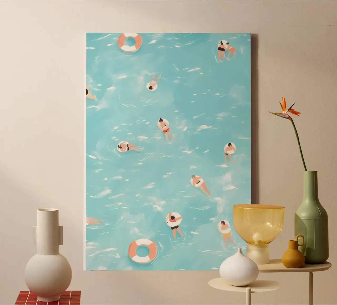 Festa in piscina, illustrazione aerea estiva tela con Cornice a cassetta da dawnthesea