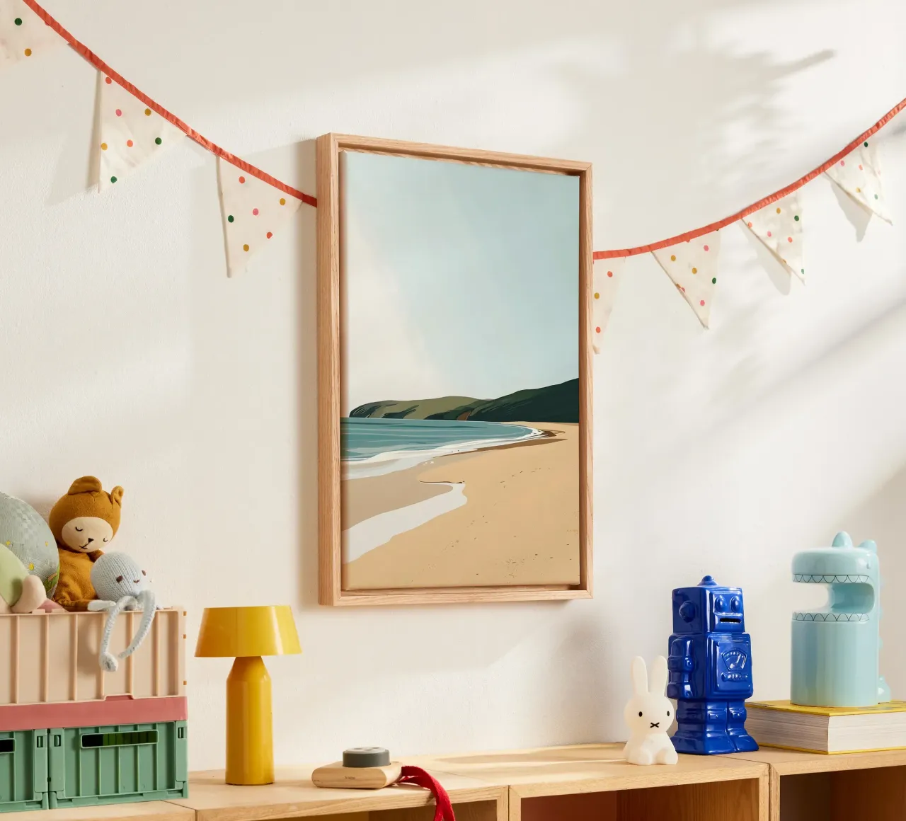 Minimalistisch strandlandschap, kustkunstdruk canvas met Baklijst van dawnthesea