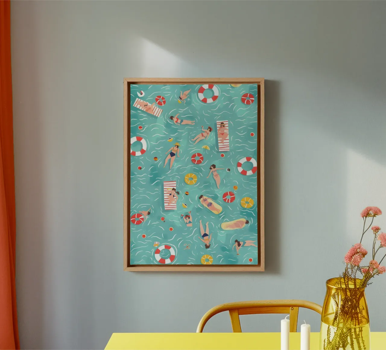 Summer Pool Party, Aerial Water Fun Print canvas with Floater frame by dawnthesea