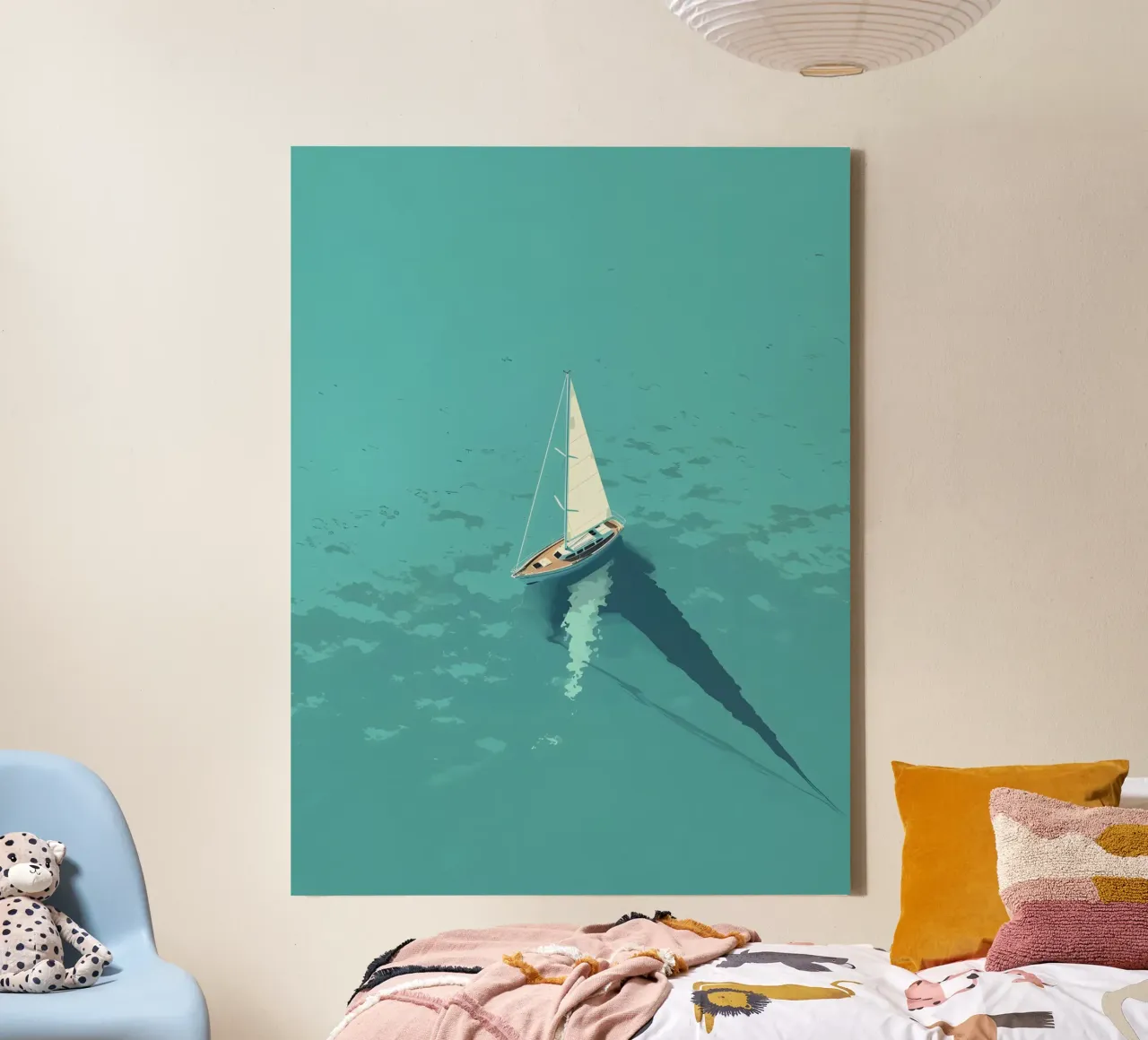 Lucht Zeilboot op Turquoise Zee, Serene Kunstdruk canvas met Baklijst van dawnthesea