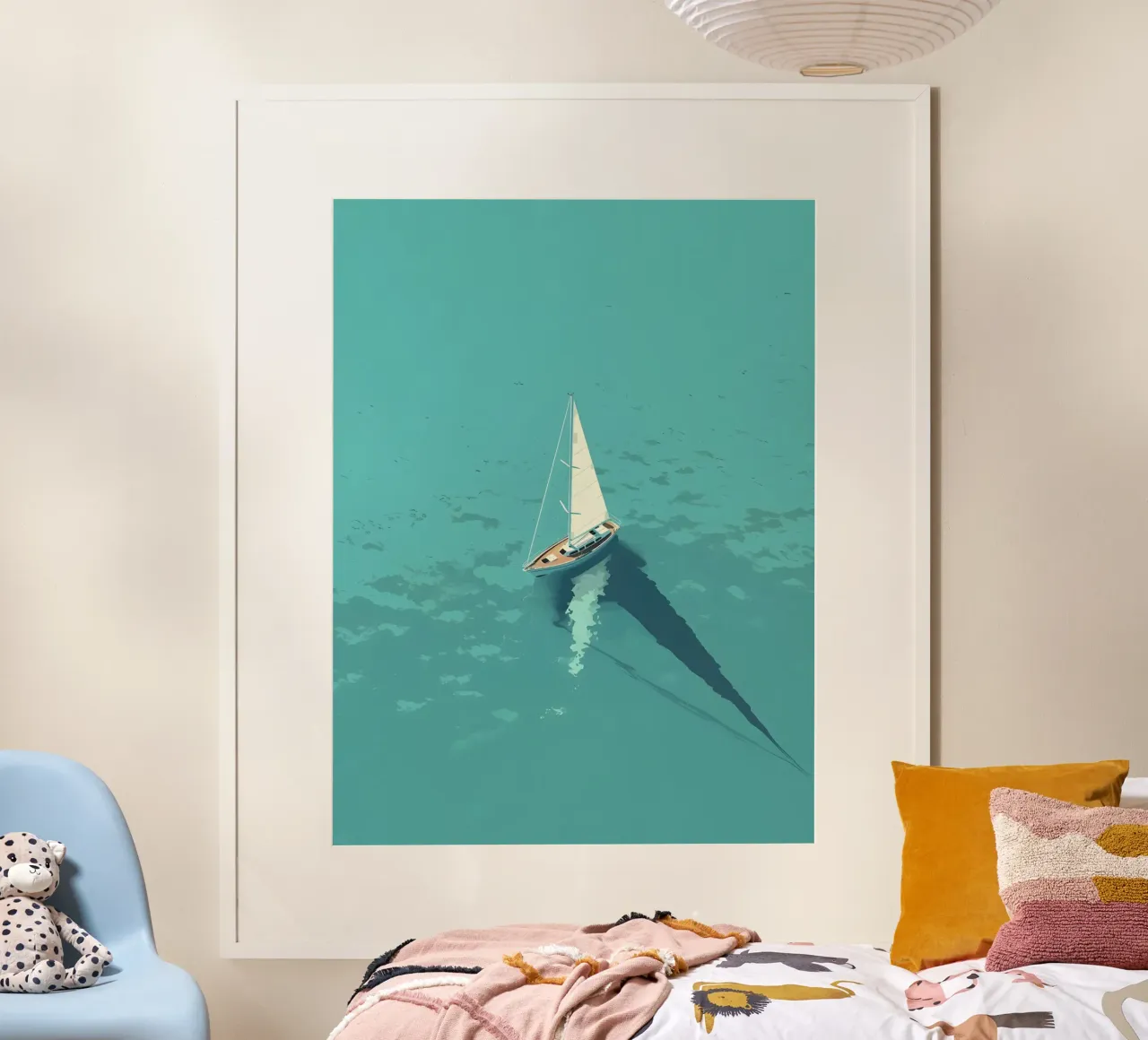 Segelboot in der Luft auf türkisfarbenem Meer, Serene Art Print Poster mit Aluminium Rahmen von dawnthesea