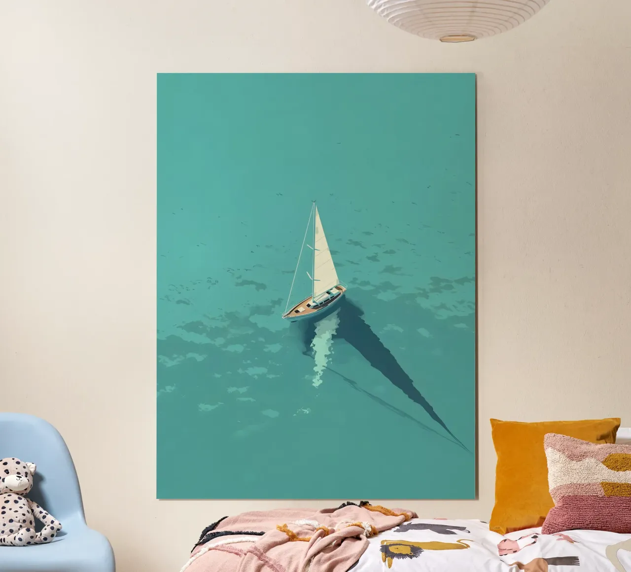 Segelboot in der Luft auf türkisfarbenem Meer, Serene Art Print Poster mit Aluminium Rahmen von dawnthesea