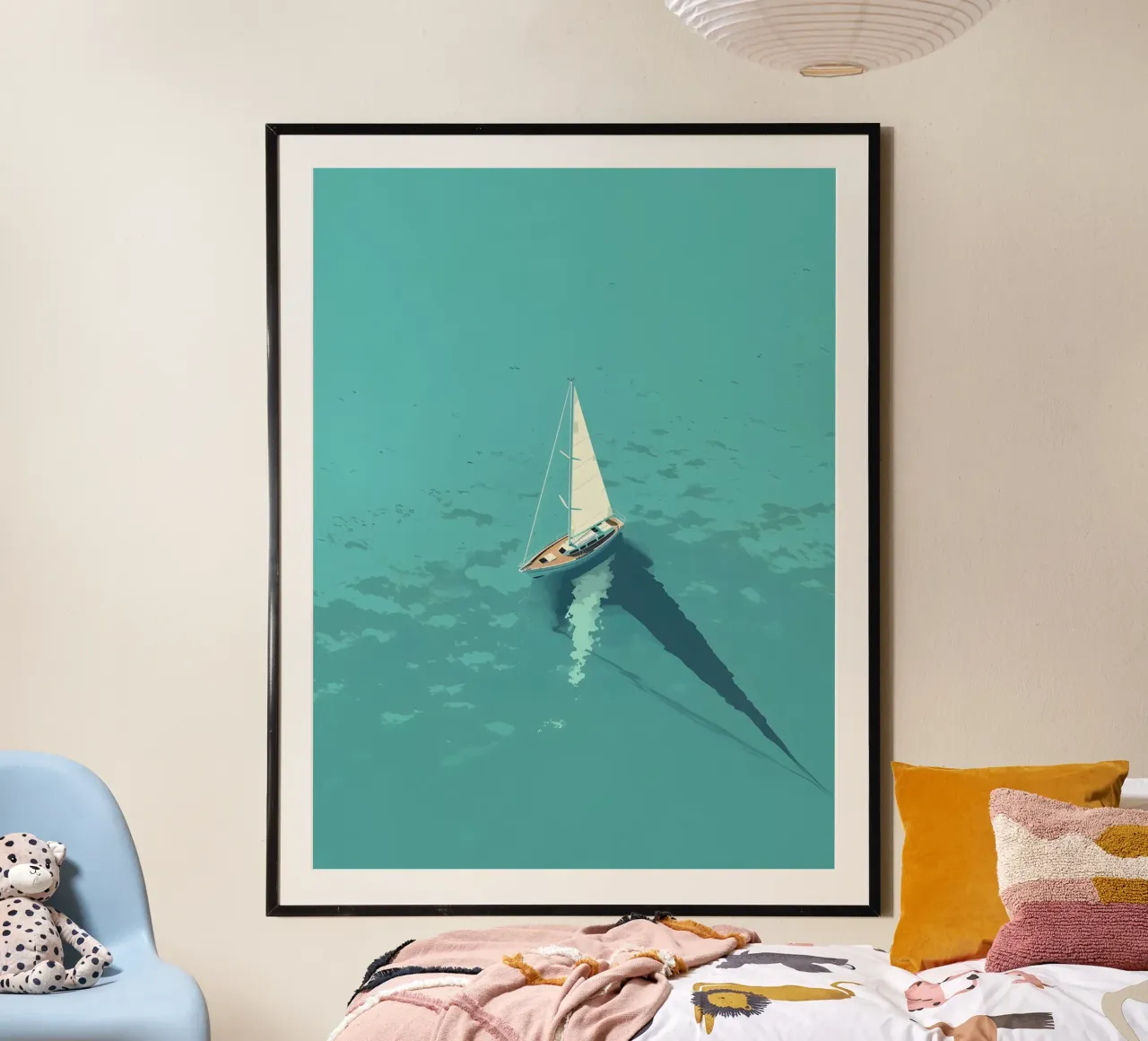 Segelboot in der Luft auf türkisfarbenem Meer, Serene Art Print Poster mit Aluminium Rahmen von dawnthesea