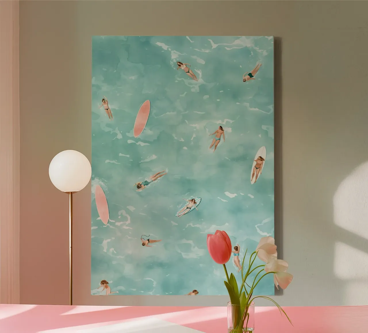 Vista aerea della spiaggia, acquerello Ocean Fun tela con Cornice a cassetta da dawnthesea