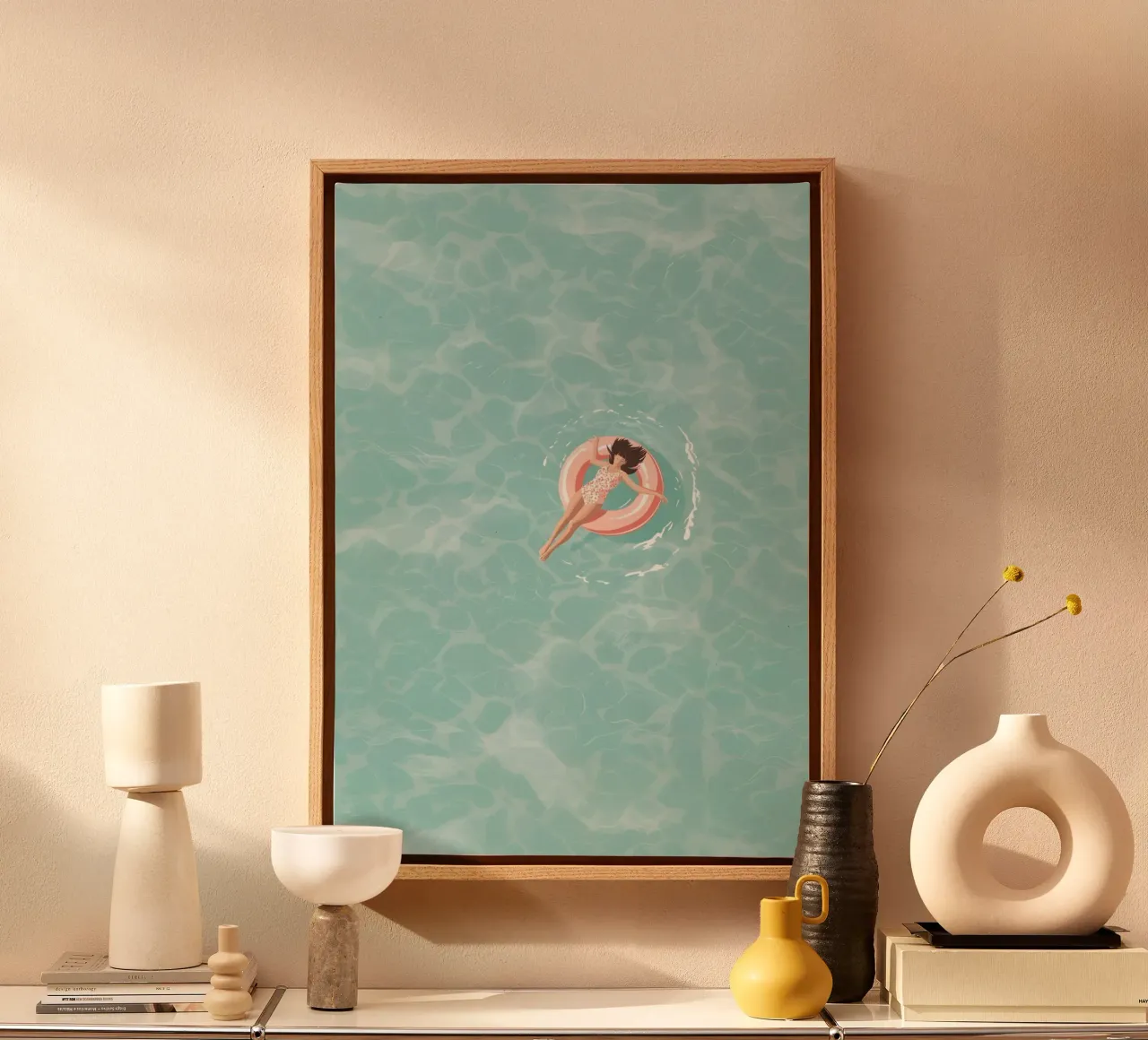 Floating on a Donut, Minimalist Pool Art canvas with Floater frame by dawnthesea