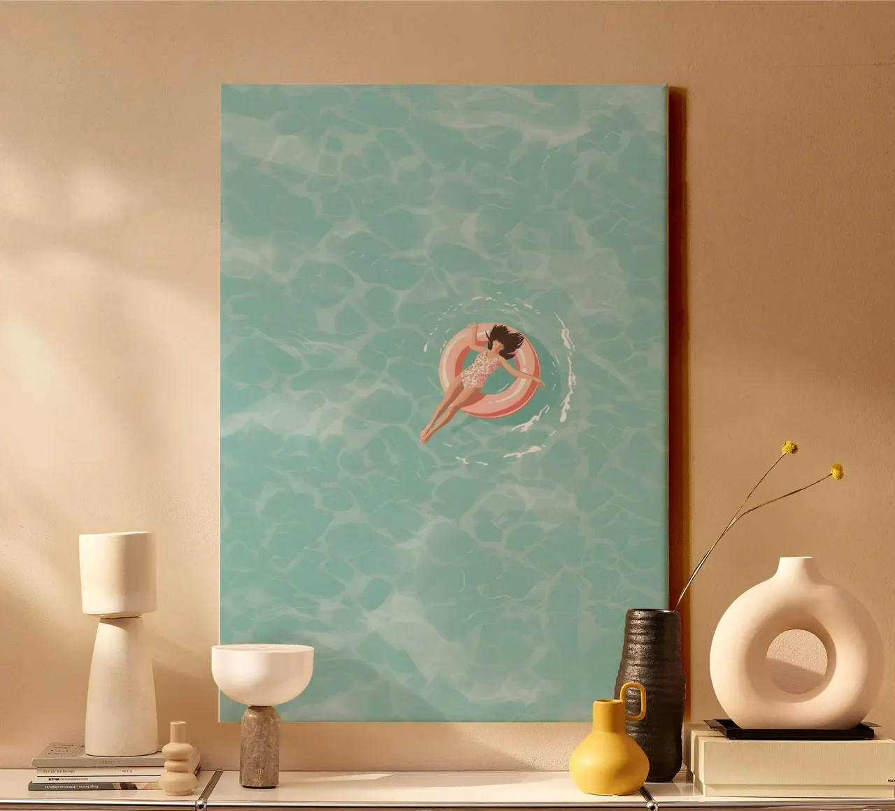 Floating on a Donut, Minimalist Pool Art canvas with Floater frame by dawnthesea
