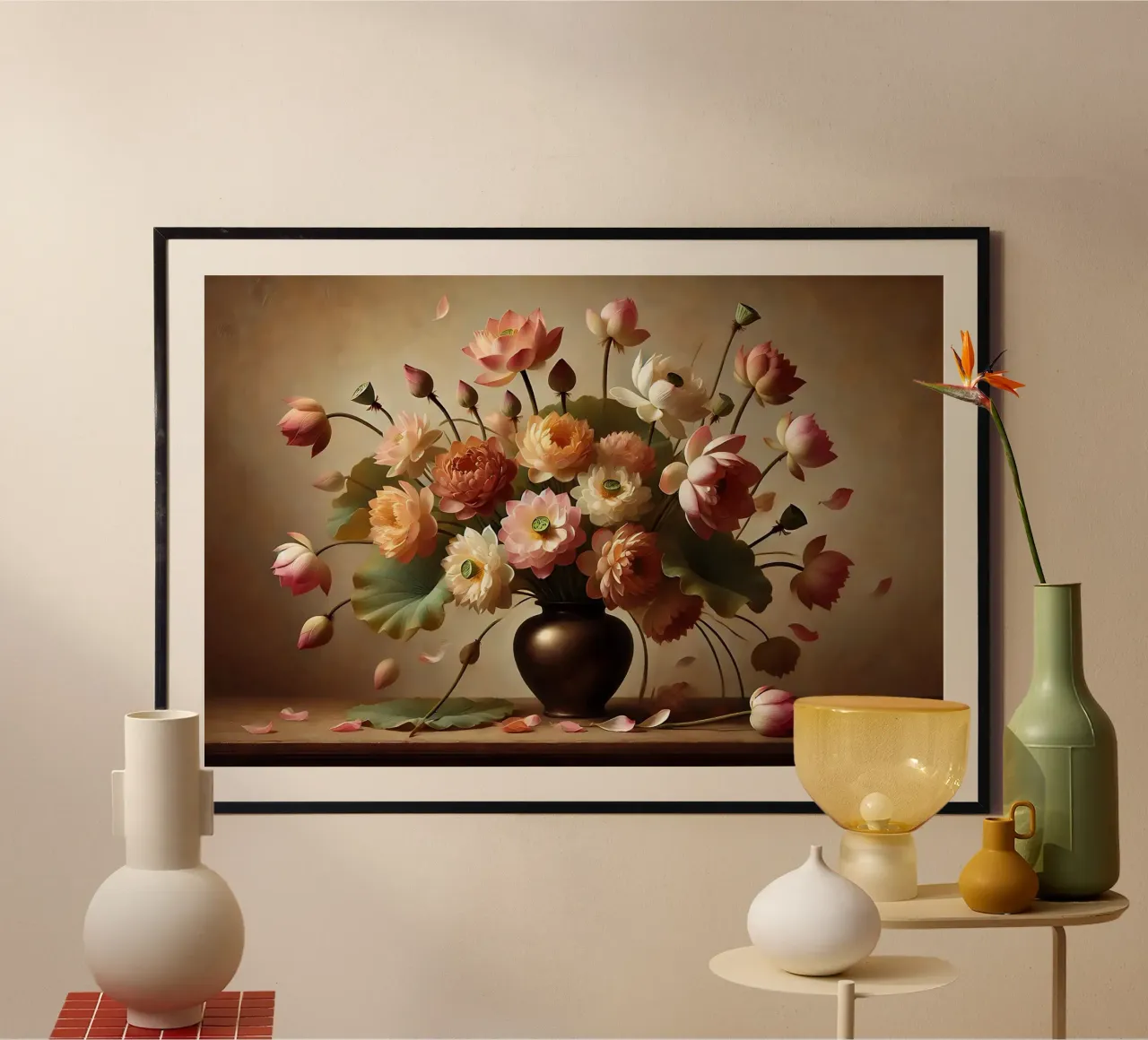 Bouquet di loto vittoriano poster con telaio in legno da VintageBotanics