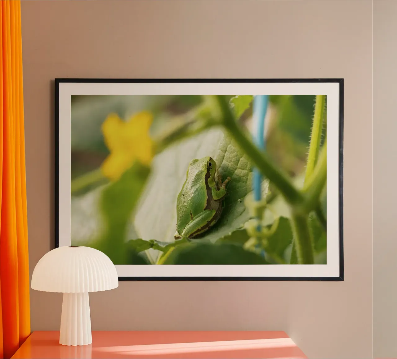 Piccola rana verde su foglia - Stampa d'arte naturalistica poster da jay